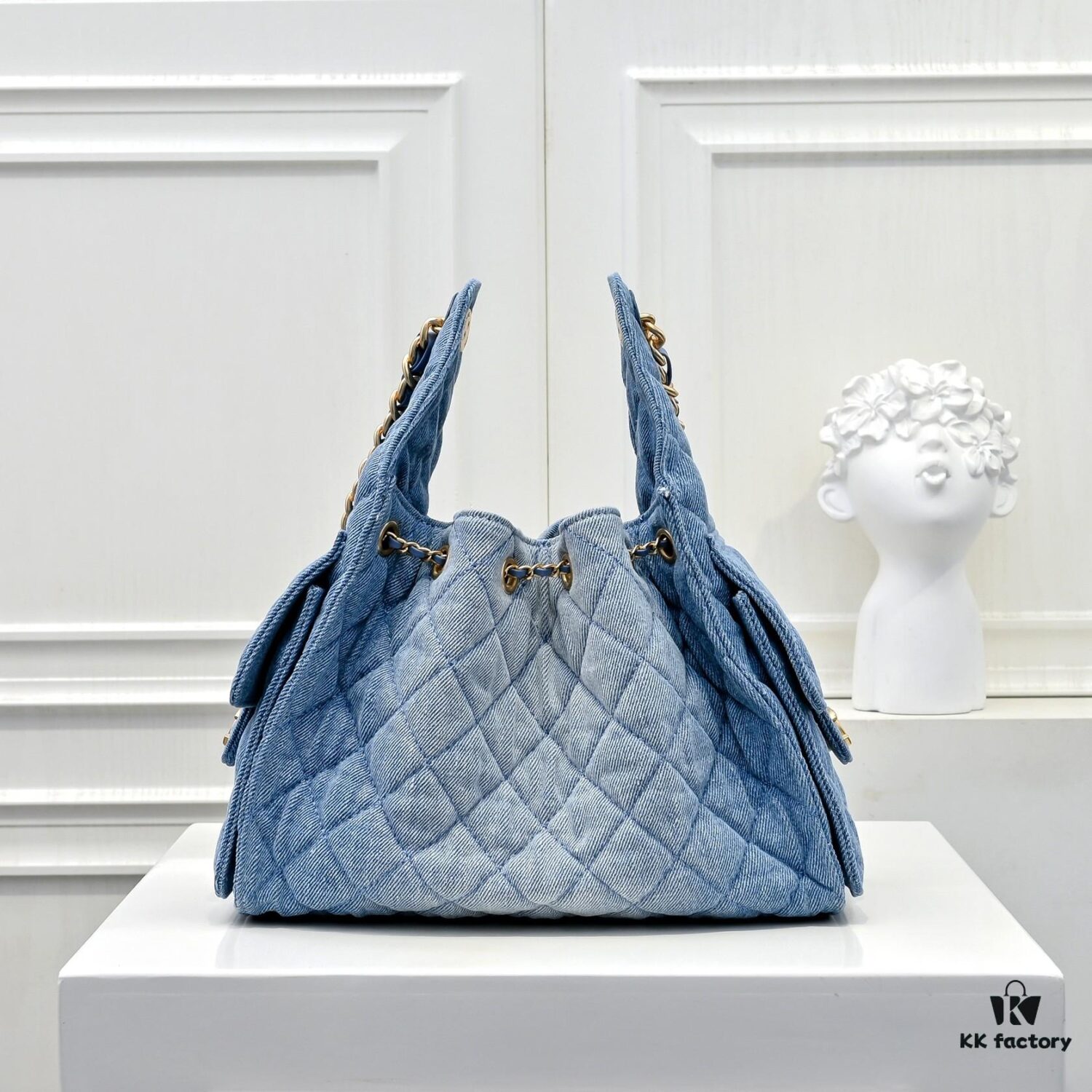 69304d3ef09edb6de4c4e768 Upgraded Chanel 25C Style Washed Gradient Denim Hobo Bag - Mini Vintage Hipster Crossbody Bucket Bag with Coin Buckle Drawstring, Quilted Pattern, Retro Black-Gold Trim and Classic Chain Strap