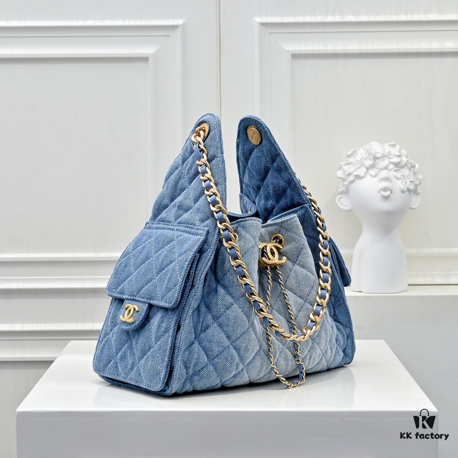 69304d3ef09edb6de4c4e769 Upgraded Chanel 25C Style Washed Gradient Denim Hobo Bag - Mini Vintage Hipster Crossbody Bucket Bag with Coin Buckle Drawstring, Quilted Pattern, Retro Black-Gold Trim and Classic Chain Strap