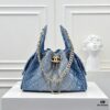 69304d3ff09edb6de4c4e76b Upgraded Chanel 25C Style Washed Gradient Denim Hobo Bag - Mini Vintage Hipster Crossbody Bucket Bag with Coin Buckle Drawstring, Quilted Pattern, Retro Black-Gold Trim and Classic Chain Strap