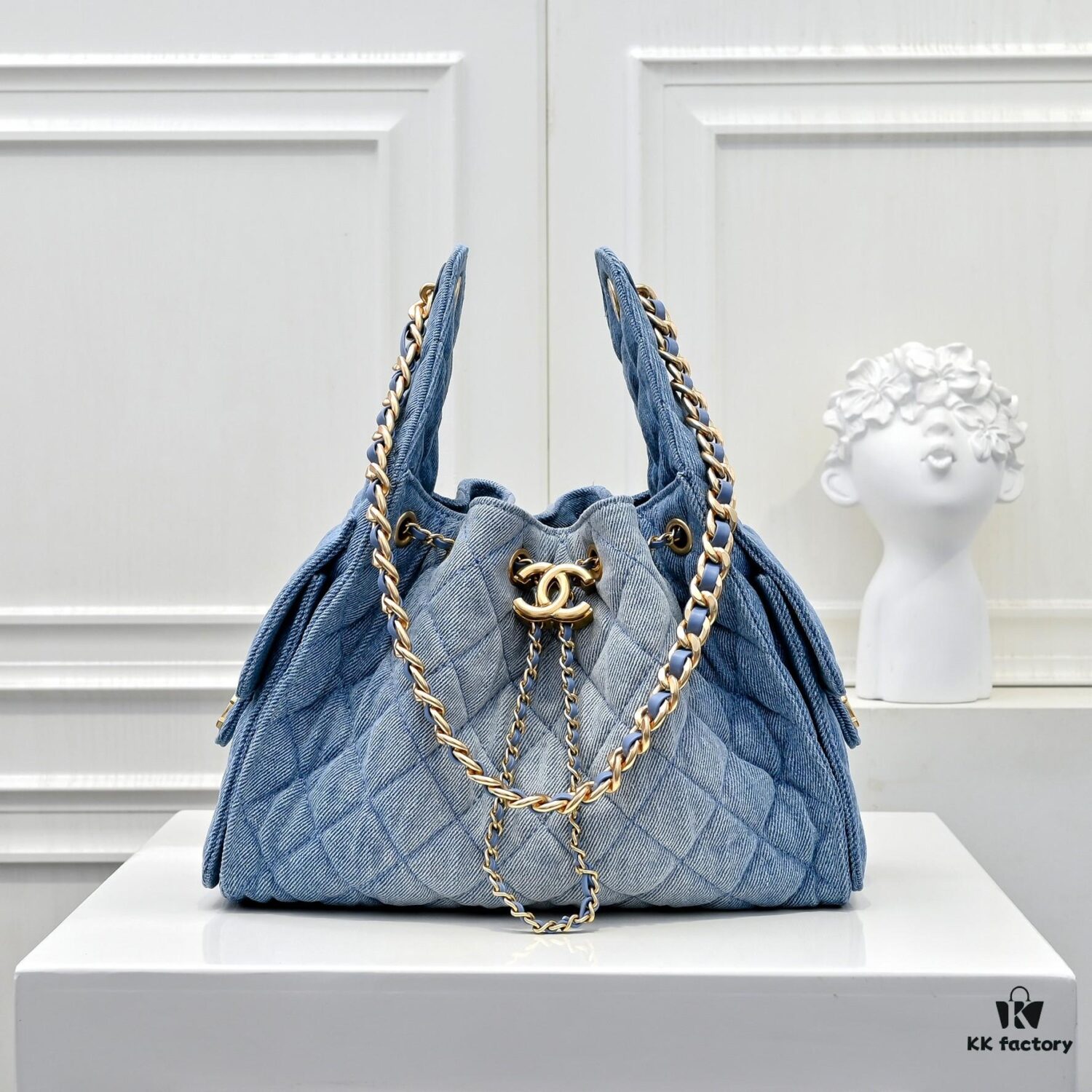 69304d3ff09edb6de4c4e76b Upgraded Chanel 25C Style Washed Gradient Denim Hobo Bag - Mini Vintage Hipster Crossbody Bucket Bag with Coin Buckle Drawstring, Quilted Pattern, Retro Black-Gold Trim and Classic Chain Strap