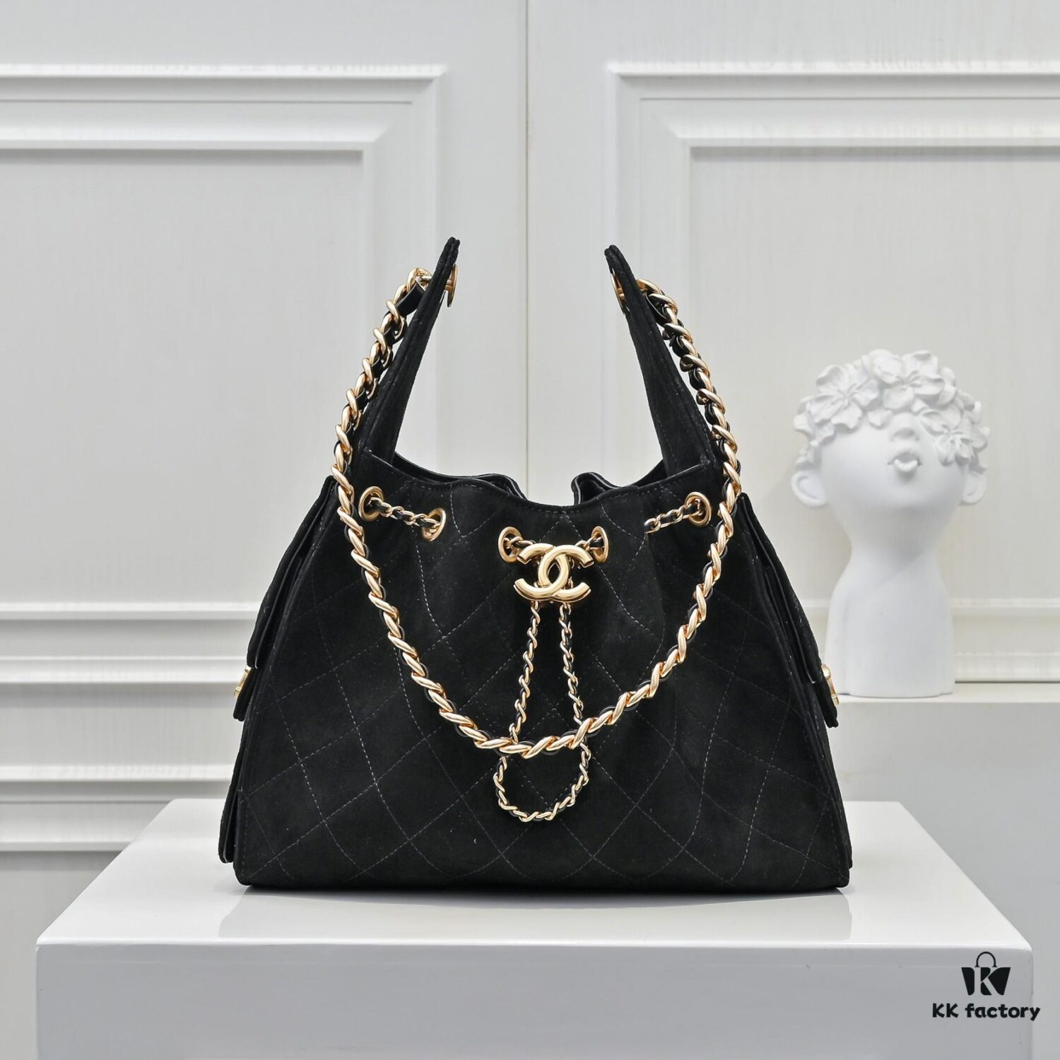 69304d43f09edb6de4c4e76f Upgraded Chanel 25C Hobo Bag in Sanded Calfskin - Mini Fringe Shoulder Bag with Vintage Coin Toggle Drawstring, Quilted Design, Retro Black and Gold Hardware, Classic Chain Detail