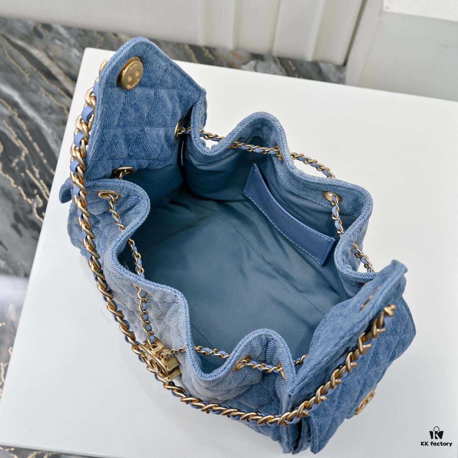 69304d43f09edb6de4c4e770 Upgraded Chanel 25C Style Washed Gradient Denim Hobo Bag - Mini Vintage Hipster Crossbody Bucket Bag with Coin Buckle Drawstring, Quilted Pattern, Retro Black-Gold Trim and Classic Chain Strap