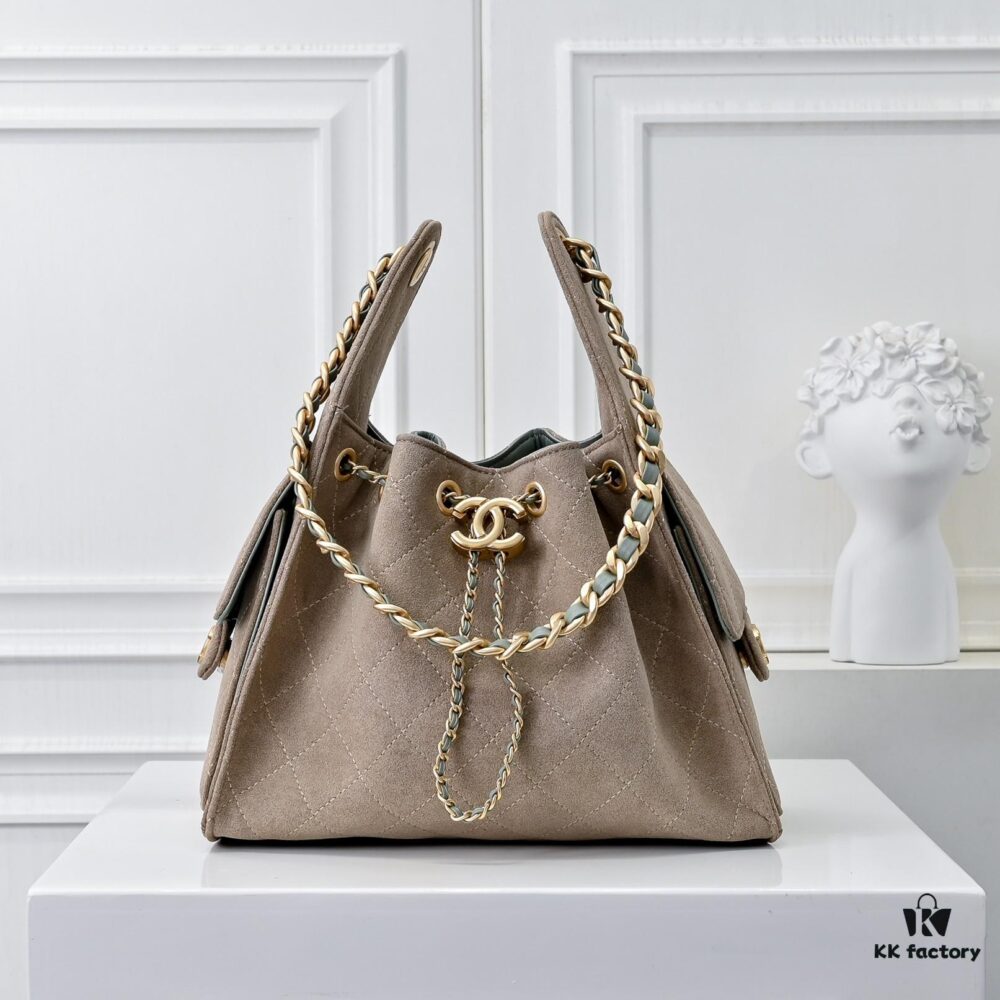Upgraded Chanel 25C Hobo Bag Mini, Saffiano Leather Crossbody Bucket Bag with Vintage Gold Buckle Drawstring, Quilted Design, Retro Black and Gold, Classic Chain Strap