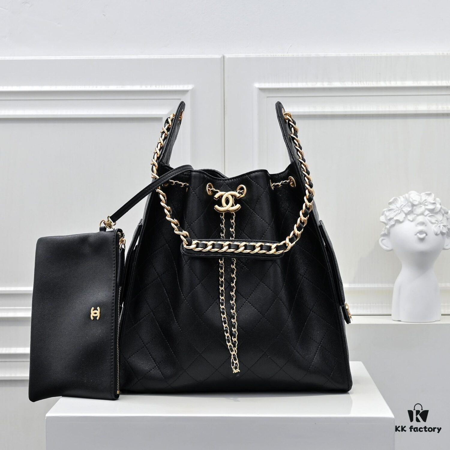 69304d61f09edb6de4c4e78f Large Upgraded Chanel 25C Hobo Bag in Quilted Calfskin with Vintage Gold-Tone Buckle Drawstring Bucket Design, Rhombus Stitching, Retro Black and Gold, Classic Chain Detail