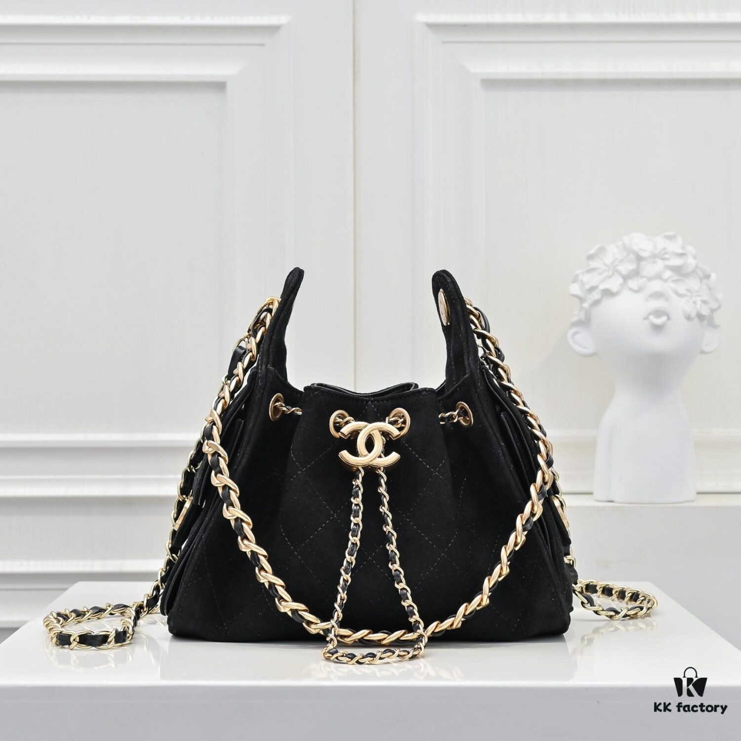 69304d66f09edb6de4c4e792 Mini Chanel 25C Bag Hobo Suede Crossbody Bucket Bag with Vintage Coin Toggle Drawstring, Quilted Design, Retro Black and Gold Hardware, Classic Chain Strap