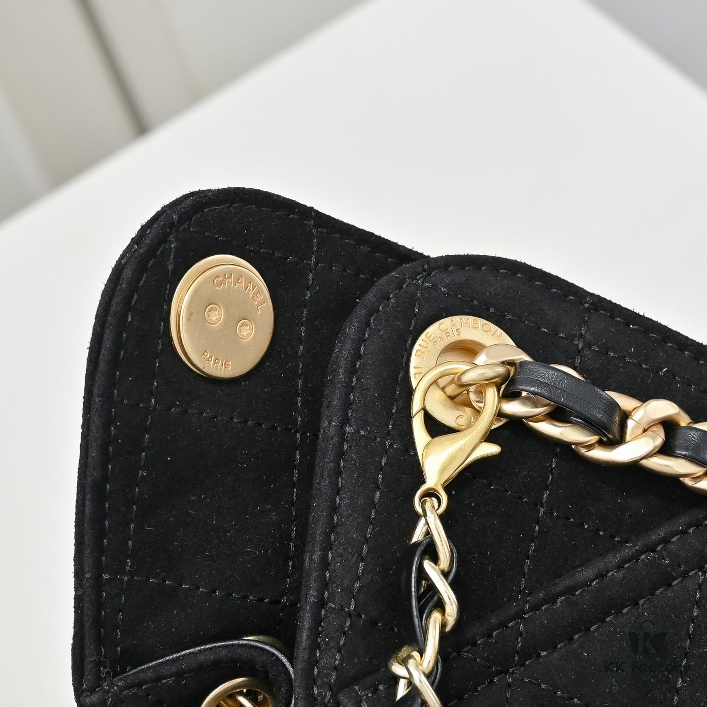69304d69f09edb6de4c4e79b Mini Chanel 25C Bag Hobo Suede Crossbody Bucket Bag with Vintage Coin Toggle Drawstring, Quilted Design, Retro Black and Gold Hardware, Classic Chain Strap