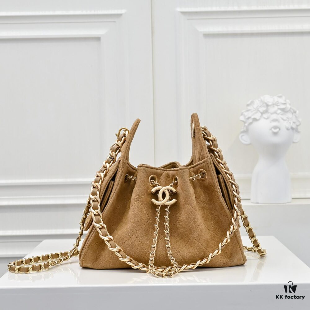 Mini Chanel 25C Bag Hobo Suede Crossbody Bucket Bag with Vintage Coin Toggle Drawstring, Diamond Quilting, Retro Black Gold Hardware, Classic Chain Design
