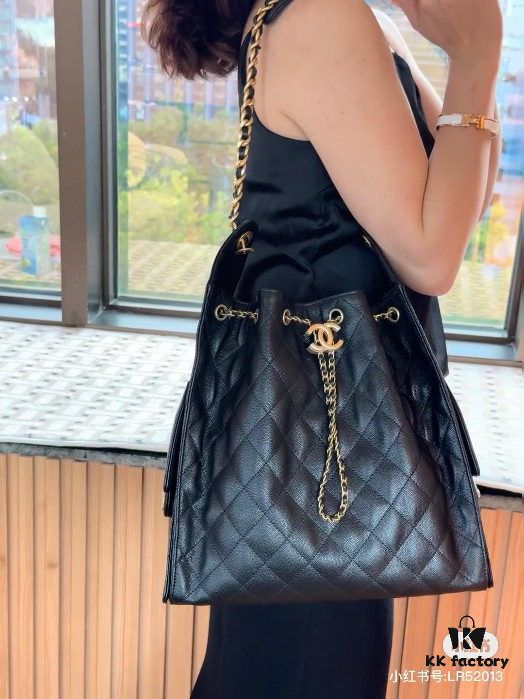 69304d85f09edb6de4c4e7be Large Size Suede, Frosted Upgrade Chanel 25C Hobo Bag, Vintage Coin Button Drawstring Bucket Bag with Diamond Quilting, Retro Black and Gold, Classic Chain Design