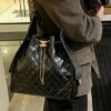 69304d86f09edb6de4c4e7c0 Large Size Suede, Frosted Upgrade Chanel 25C Hobo Bag, Vintage Coin Button Drawstring Bucket Bag with Diamond Quilting, Retro Black and Gold, Classic Chain Design