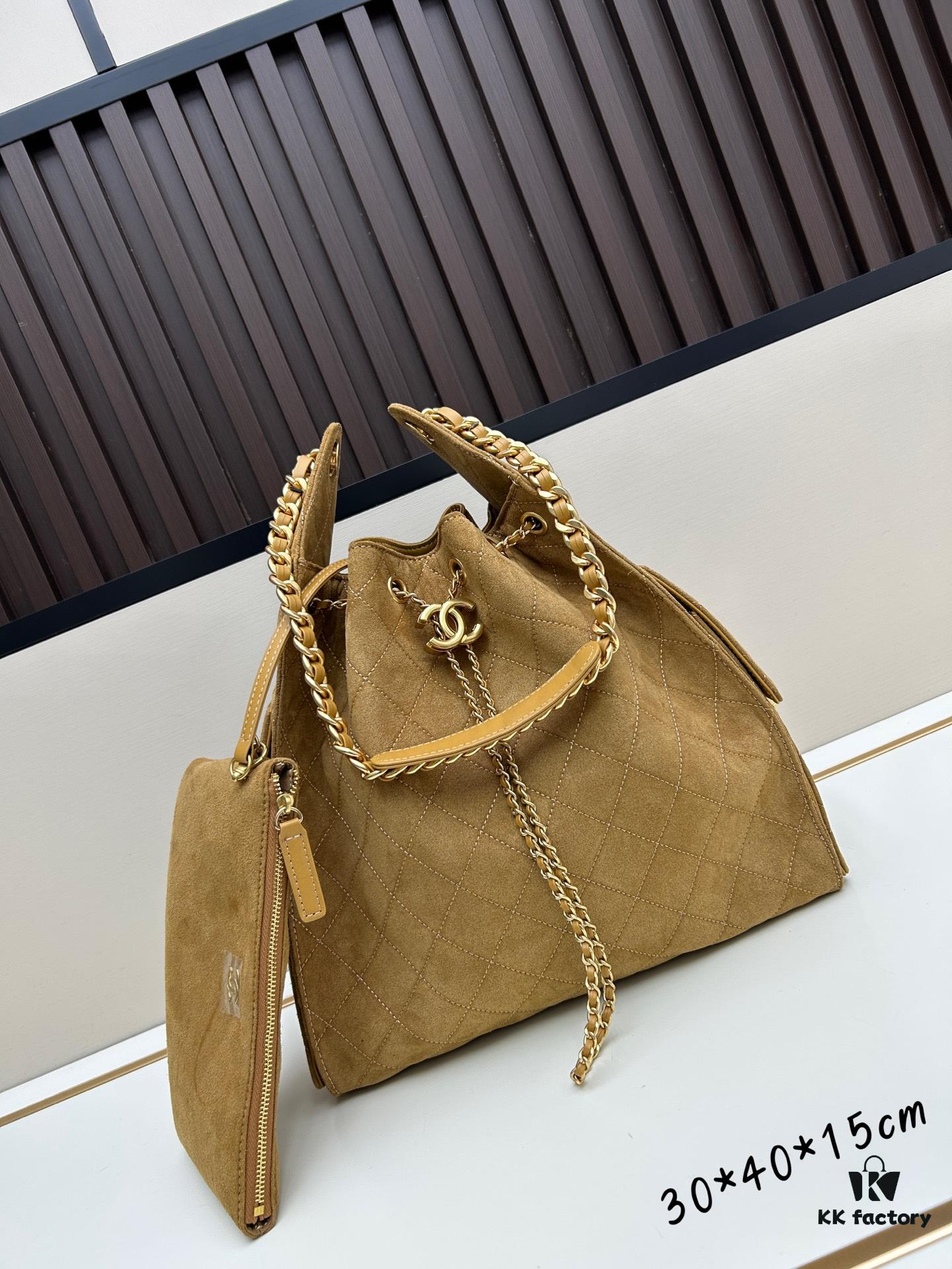 69304d8af09edb6de4c4e7c4 Large Size Suede, Frosted, Upgraded Chanel 25C Style Hobo Bag, Vintage Coin Button Drawstring Bucket Bag with Diamond Quilting and Retro Black-Gold Tone, Classic Chain Design