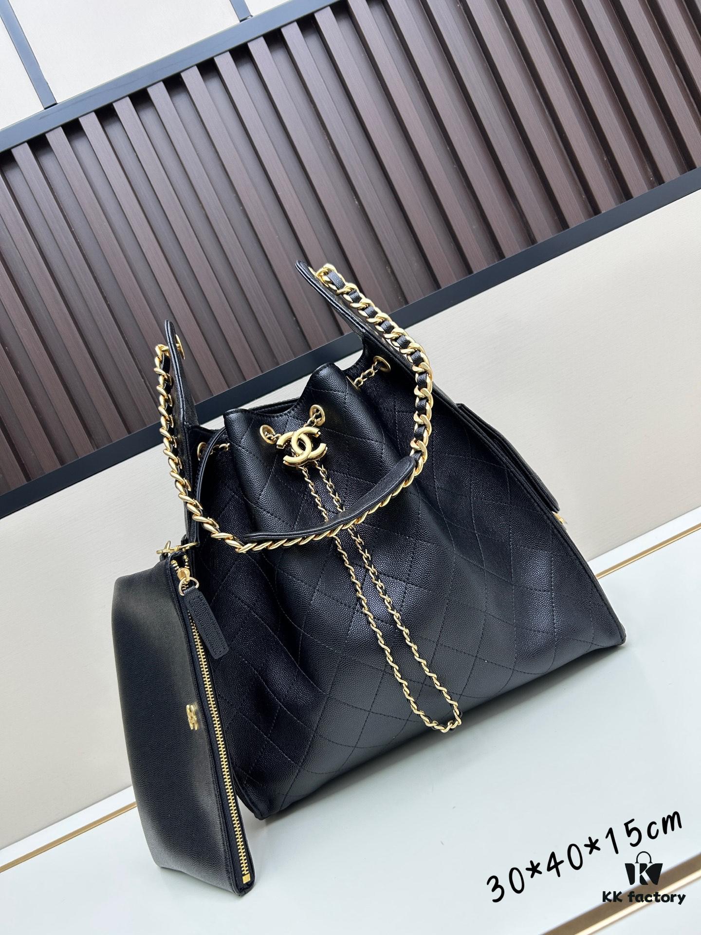 Large Size Suede, Matte Finish, Upgraded Chanel 25C Style Hobo Bag with Vintage Coin Buckle Drawstring Bucket Bag + Diamond Quilting + Retro Black and Gold, Classic Chain Design, Exuding Elegance