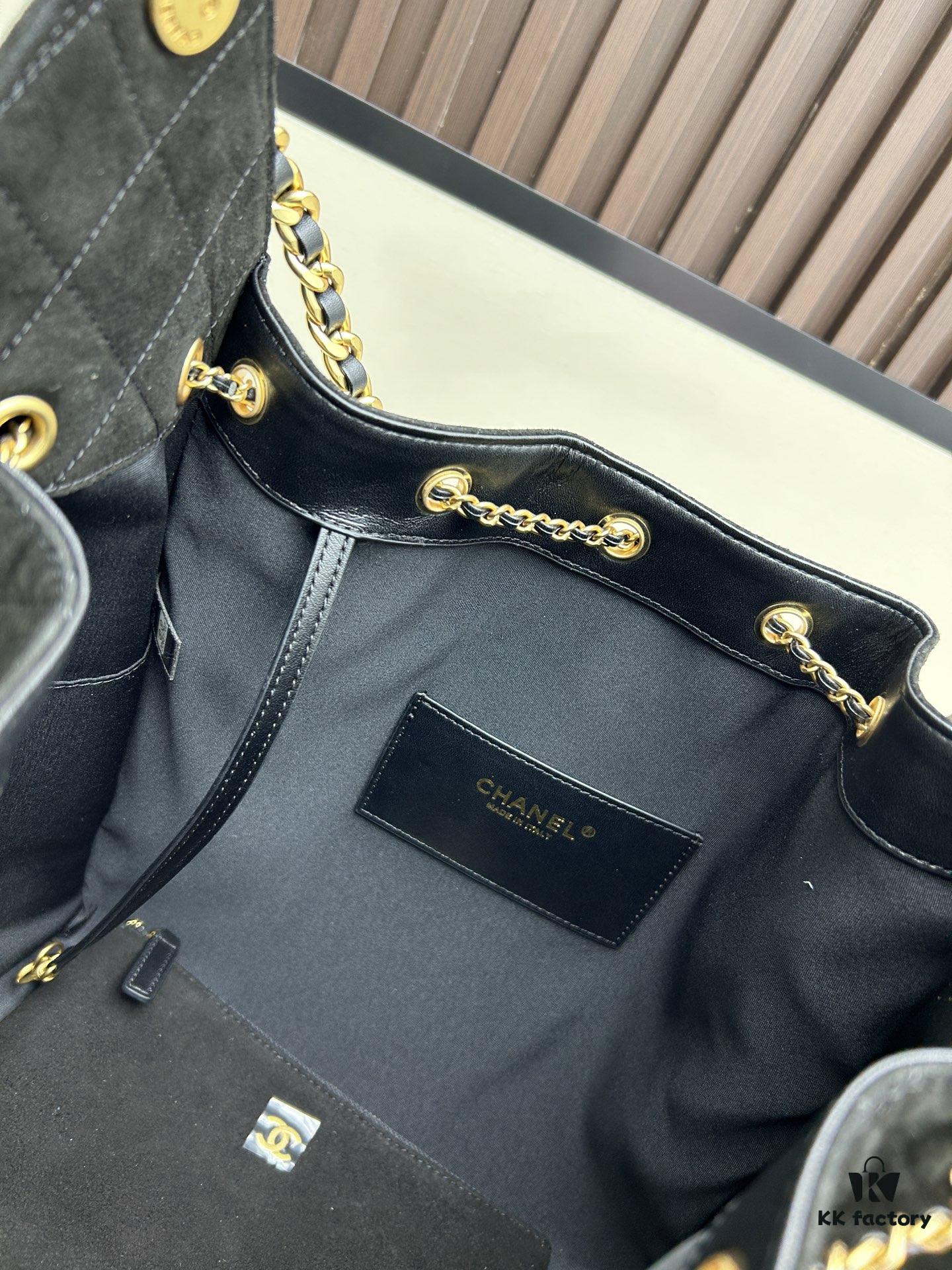 69304d92f09edb6de4c4e7d0 Large Vegan Leather Hobo Bag, Suede Finish, Upgraded Chanel 25C Style, Vintage Coin Button Drawstring Bucket Bag with Diamond Quilting, Retro Black-Gold Hardware, Classic Chain Design