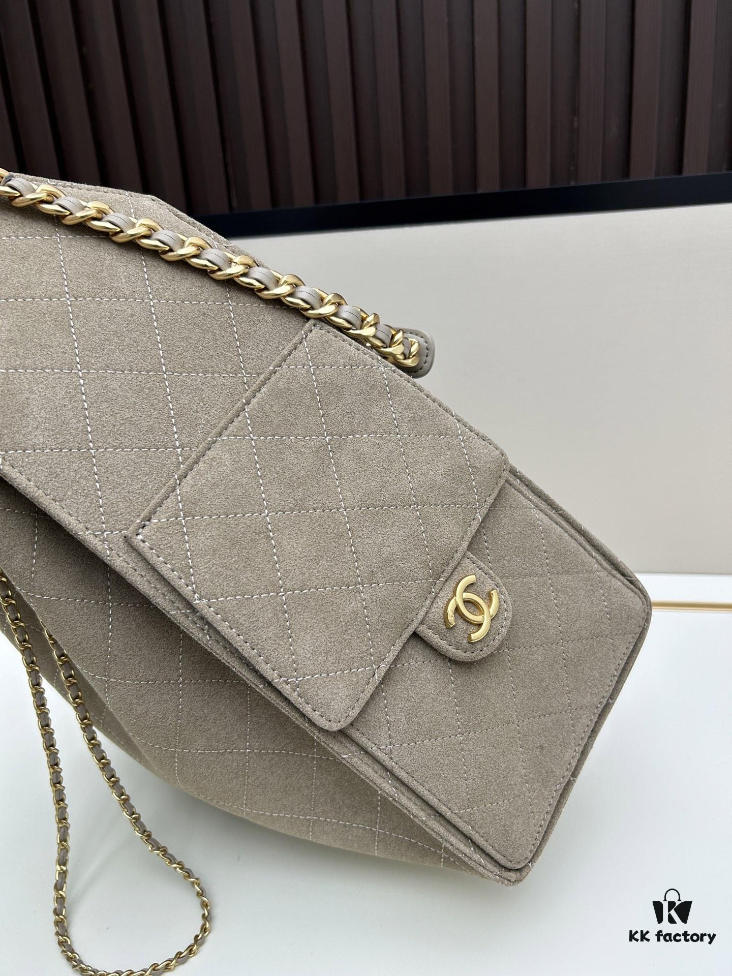 69304d97f09edb6de4c4e7d5 Large Size Suede, Frosted Upgrade Version Chanel 25C Hobo Bag, Vintage Coin Button Drawstring Bucket Bag with Diamond Quilting, Retro Black and Gold, Classic Chain Design