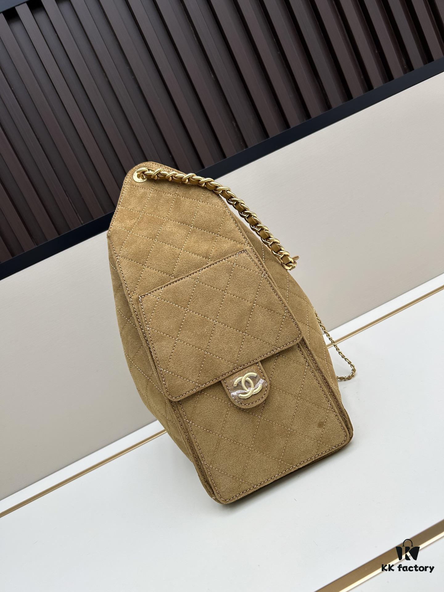 69304d9ff09edb6de4c4e7de Large Size Suede, Frosted, Upgraded Chanel 25C Style Hobo Bag, Vintage Coin Button Drawstring Bucket Bag with Diamond Quilting and Retro Black-Gold Tone, Classic Chain Design