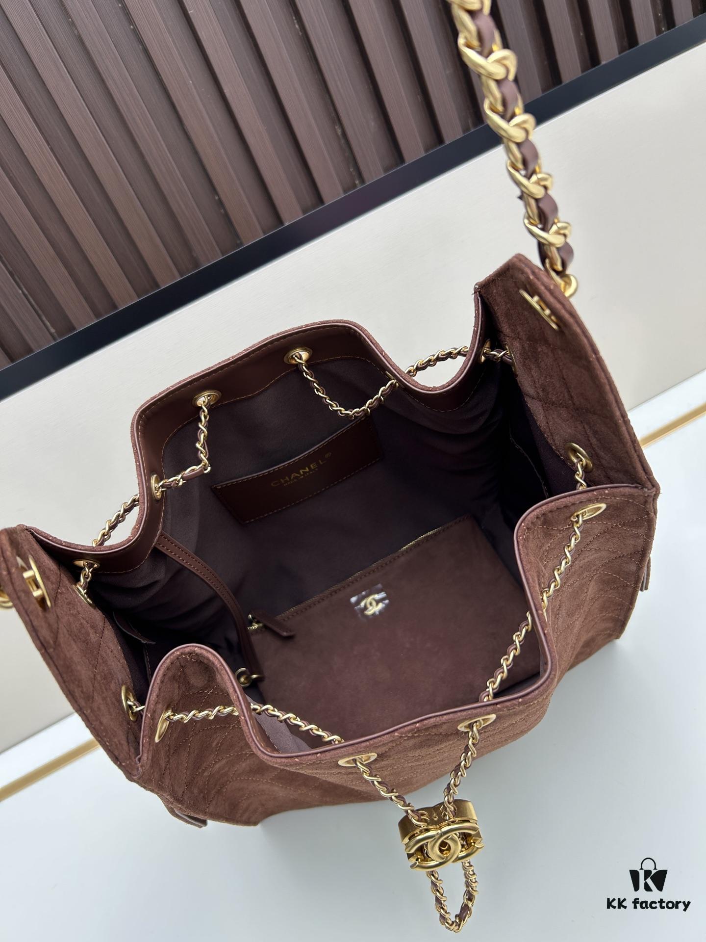 69304da0f09edb6de4c4e7e1 Large Size Suede, Matte Finish, Upgraded Chanel 25C Style Hobo Bag with Vintage Gold Coin Drawstring Closure, Quilted Design, Retro Black and Gold Hardware, Classic Chain Detail