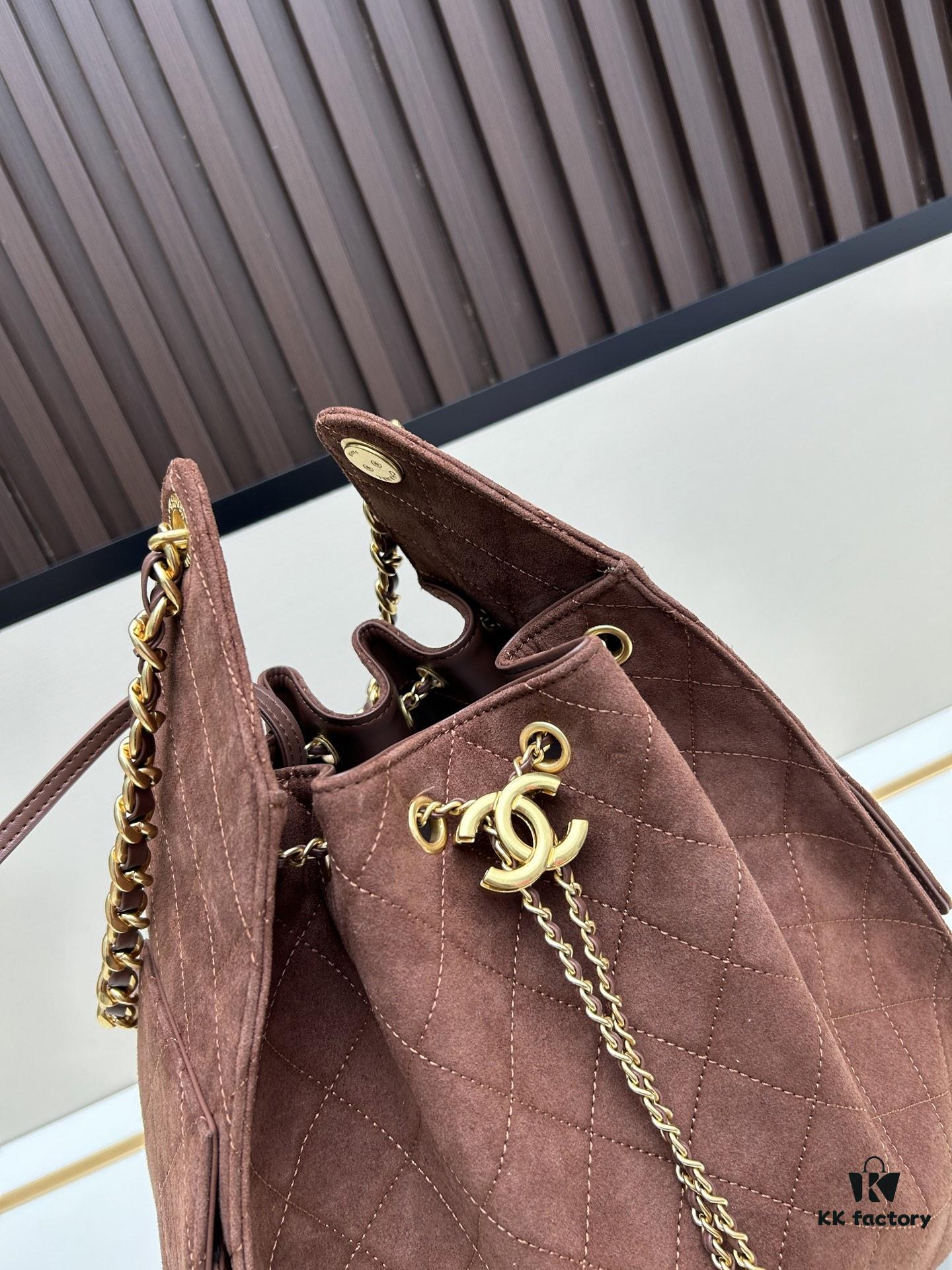 69304da1f09edb6de4c4e7e2 Large Size Suede, Matte Finish, Upgraded Chanel 25C Style Hobo Bag with Vintage Gold Coin Drawstring Closure, Quilted Design, Retro Black and Gold Hardware, Classic Chain Detail