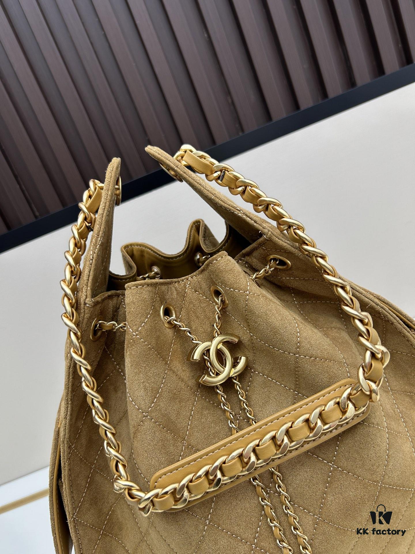 69304da2f09edb6de4c4e7e3 Large Size Suede, Frosted, Upgraded Chanel 25C Style Hobo Bag, Vintage Coin Button Drawstring Bucket Bag with Diamond Quilting and Retro Black-Gold Tone, Classic Chain Design