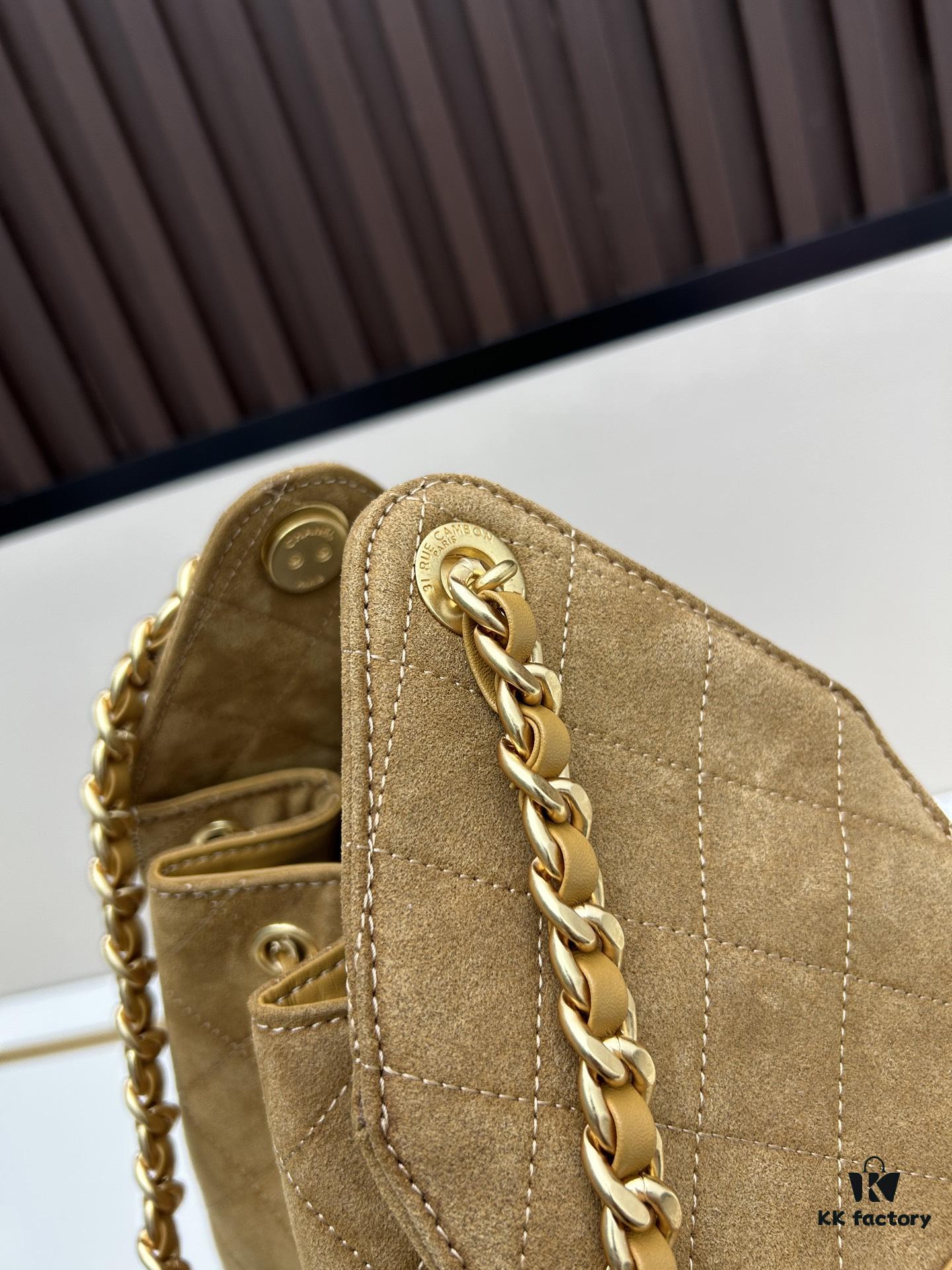 69304da4f09edb6de4c4e7e4 Large Size Suede, Frosted, Upgraded Chanel 25C Style Hobo Bag, Vintage Coin Button Drawstring Bucket Bag with Diamond Quilting and Retro Black-Gold Tone, Classic Chain Design