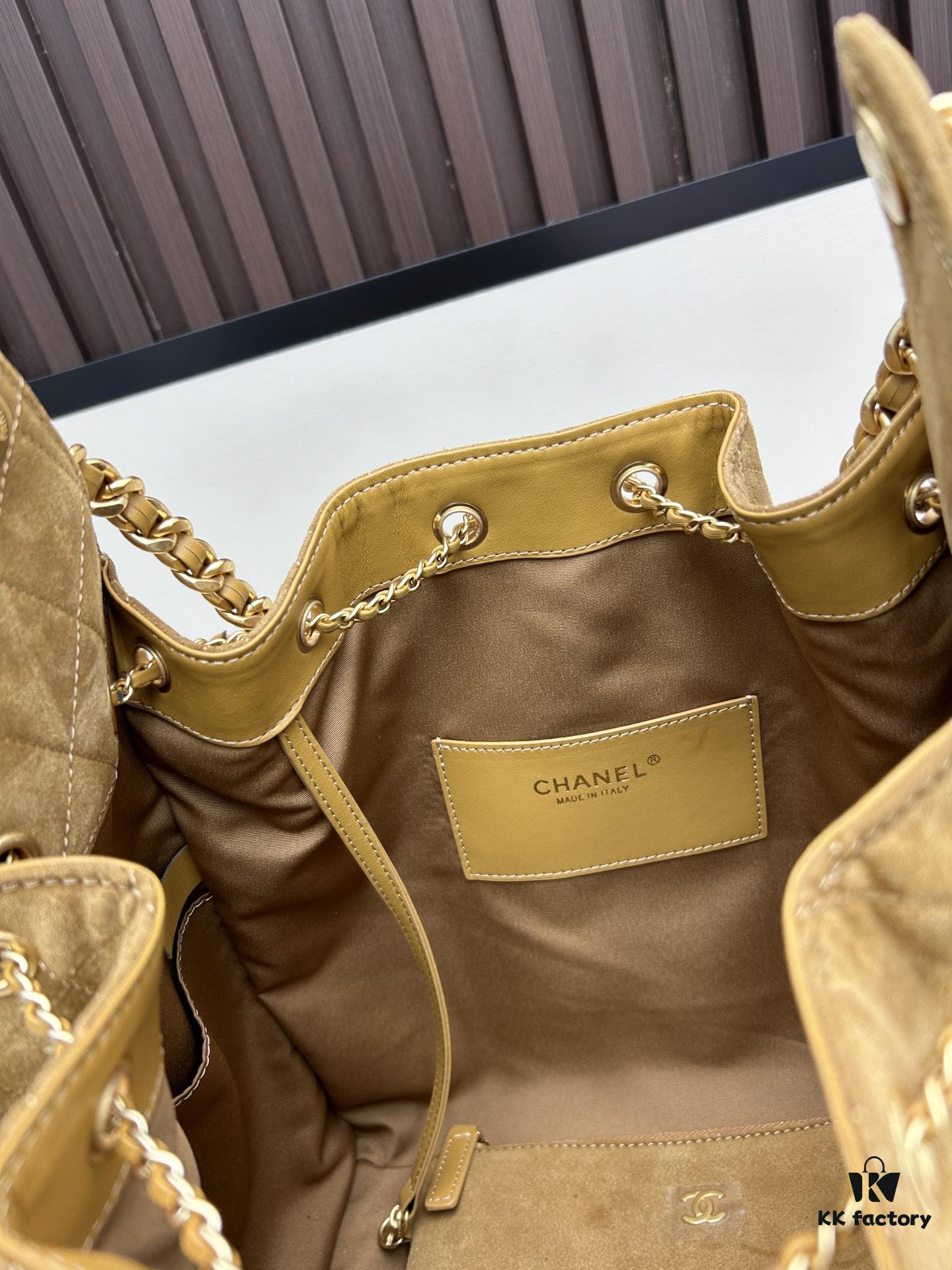 69304da6f09edb6de4c4e7e7 Large Size Suede, Frosted, Upgraded Chanel 25C Style Hobo Bag, Vintage Coin Button Drawstring Bucket Bag with Diamond Quilting and Retro Black-Gold Tone, Classic Chain Design