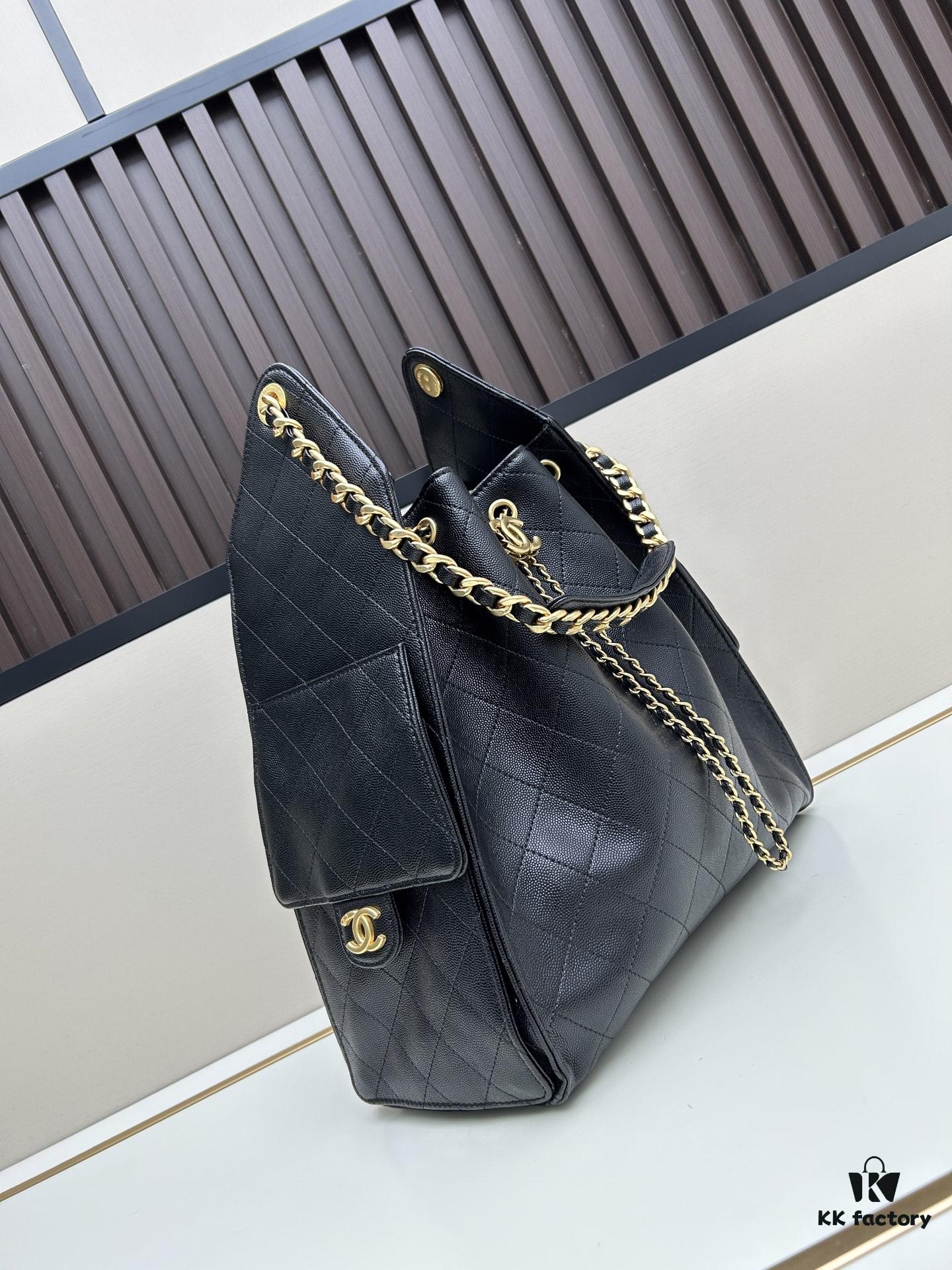 Large Size Suede, Matte Finish, Upgraded Chanel 25C Style Hobo Bag with Vintage Coin Buckle Drawstring Bucket Bag + Diamond Quilting + Retro Black and Gold, Classic Chain Design