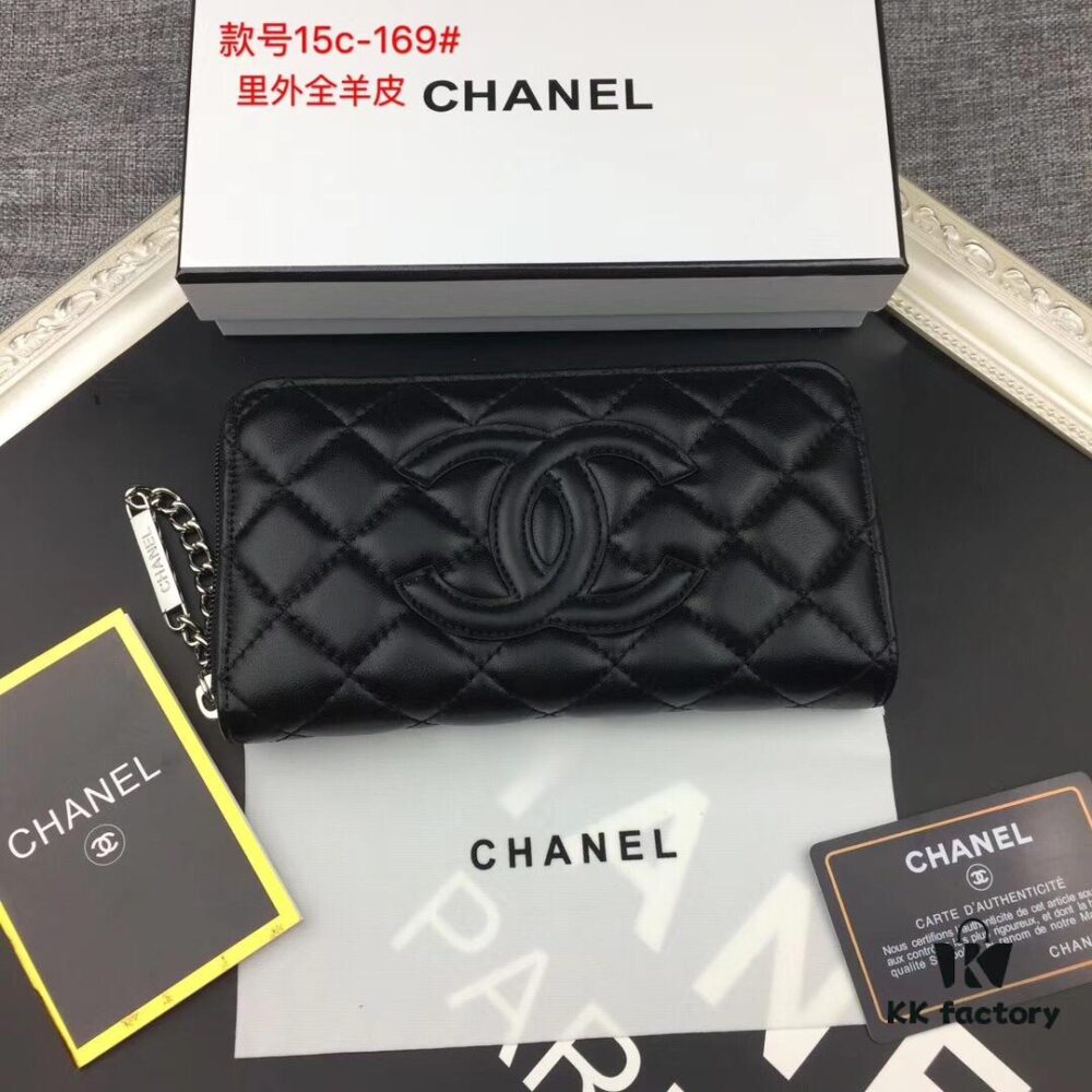 69304dcaf09edb6de4c4e817 Chanel 15C-169# Small Lambskin Quilted Single-Zip Wallet in Black with White Trim or All Black