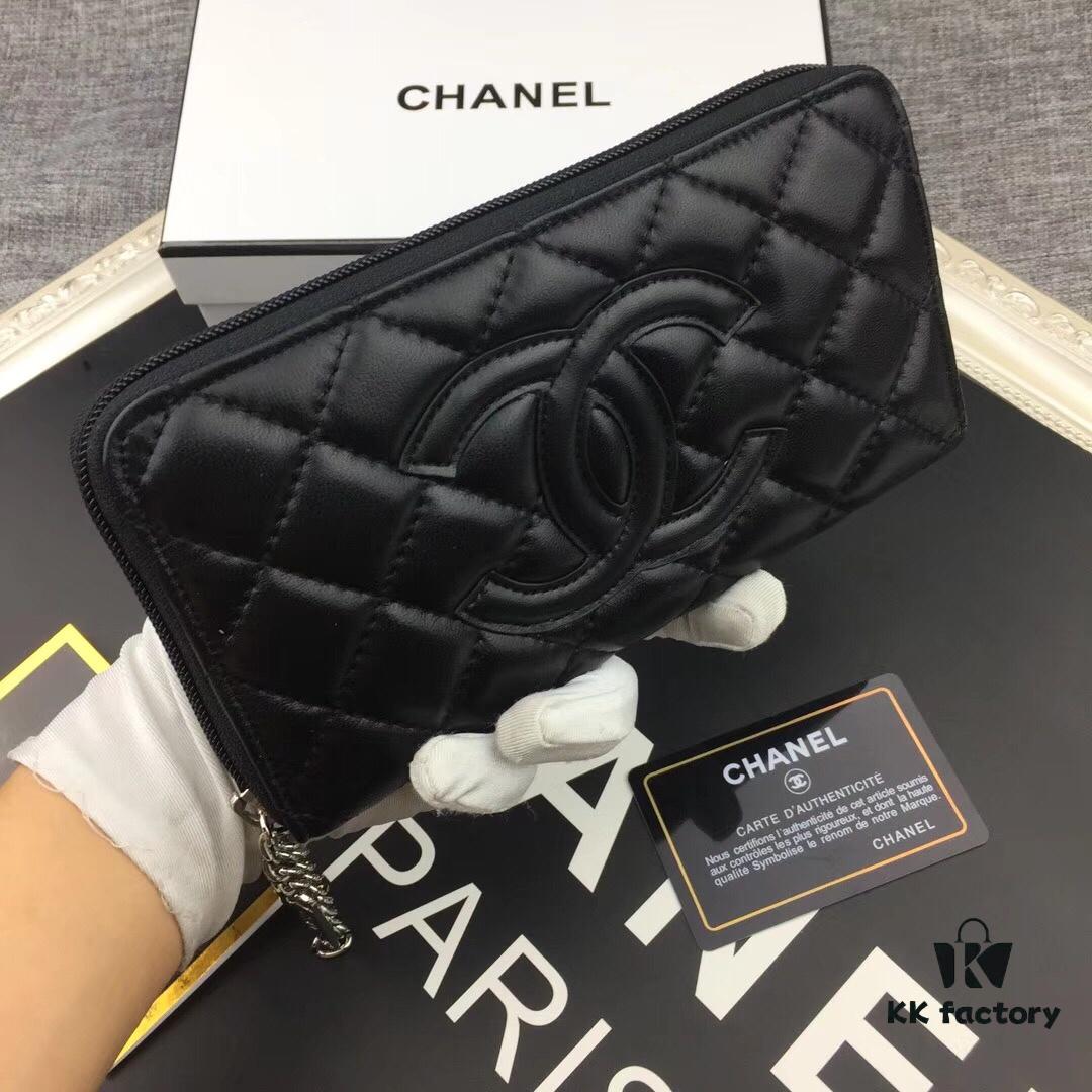 69304dccf09edb6de4c4e819 Chanel 15C-169# Small Lambskin Quilted Single-Zip Wallet in Black with White Trim or All Black