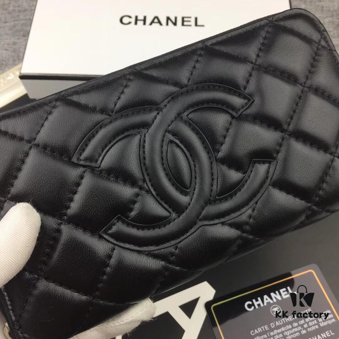 69304dcef09edb6de4c4e81b Chanel 15C-169# Small Lambskin Quilted Single-Zip Wallet in Black with White Trim or All Black