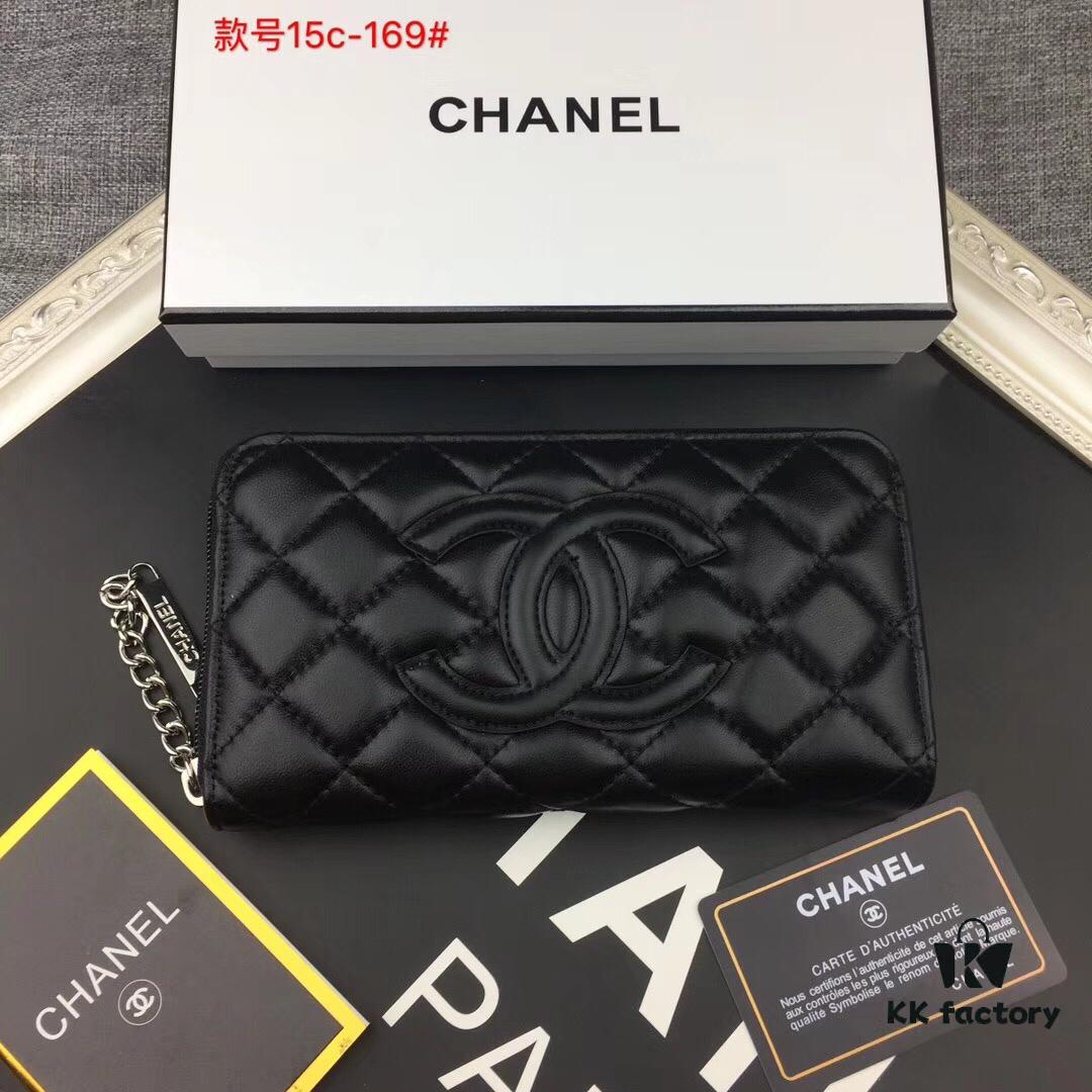 69304dcef09edb6de4c4e81c Chanel 15C-169# Small Lambskin Quilted Single-Zip Wallet in Black with White Trim or All Black