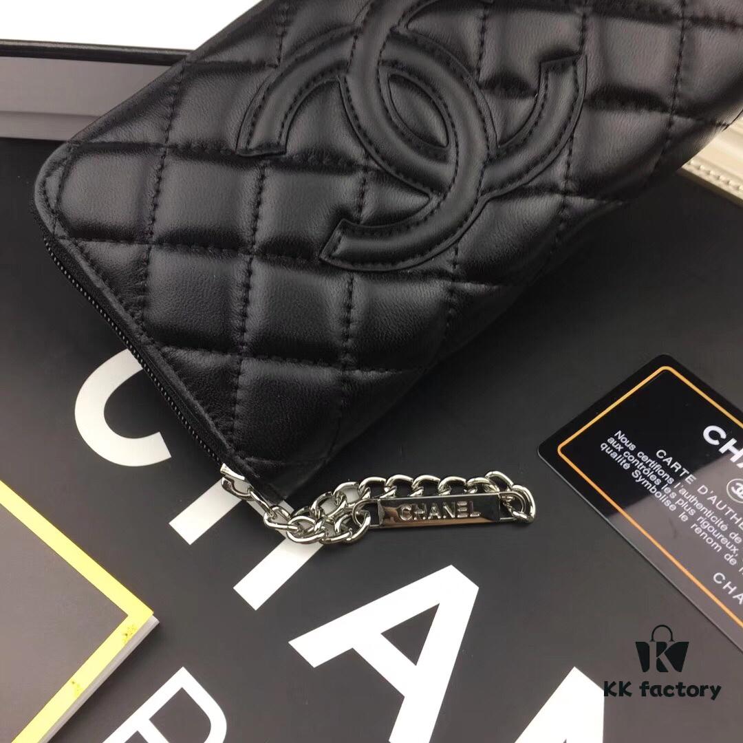 69304dcff09edb6de4c4e81d Chanel 15C-169# Small Lambskin Quilted Single-Zip Wallet in Black with White Trim or All Black