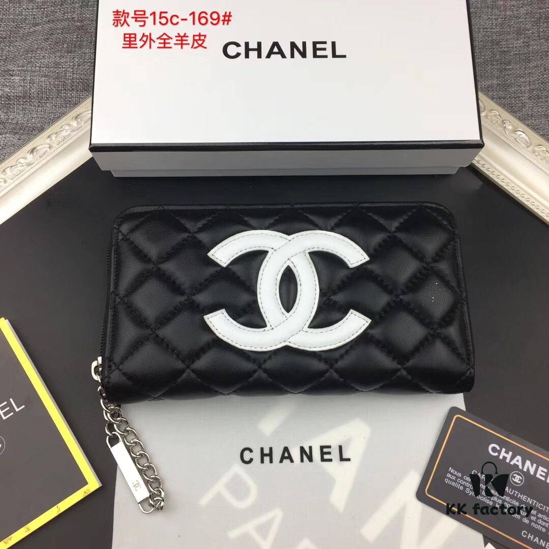 69304dd0f09edb6de4c4e820 Chanel 15C-169# Small Lambskin Quilted Single-Zip Wallet in Black with White or Black Trim