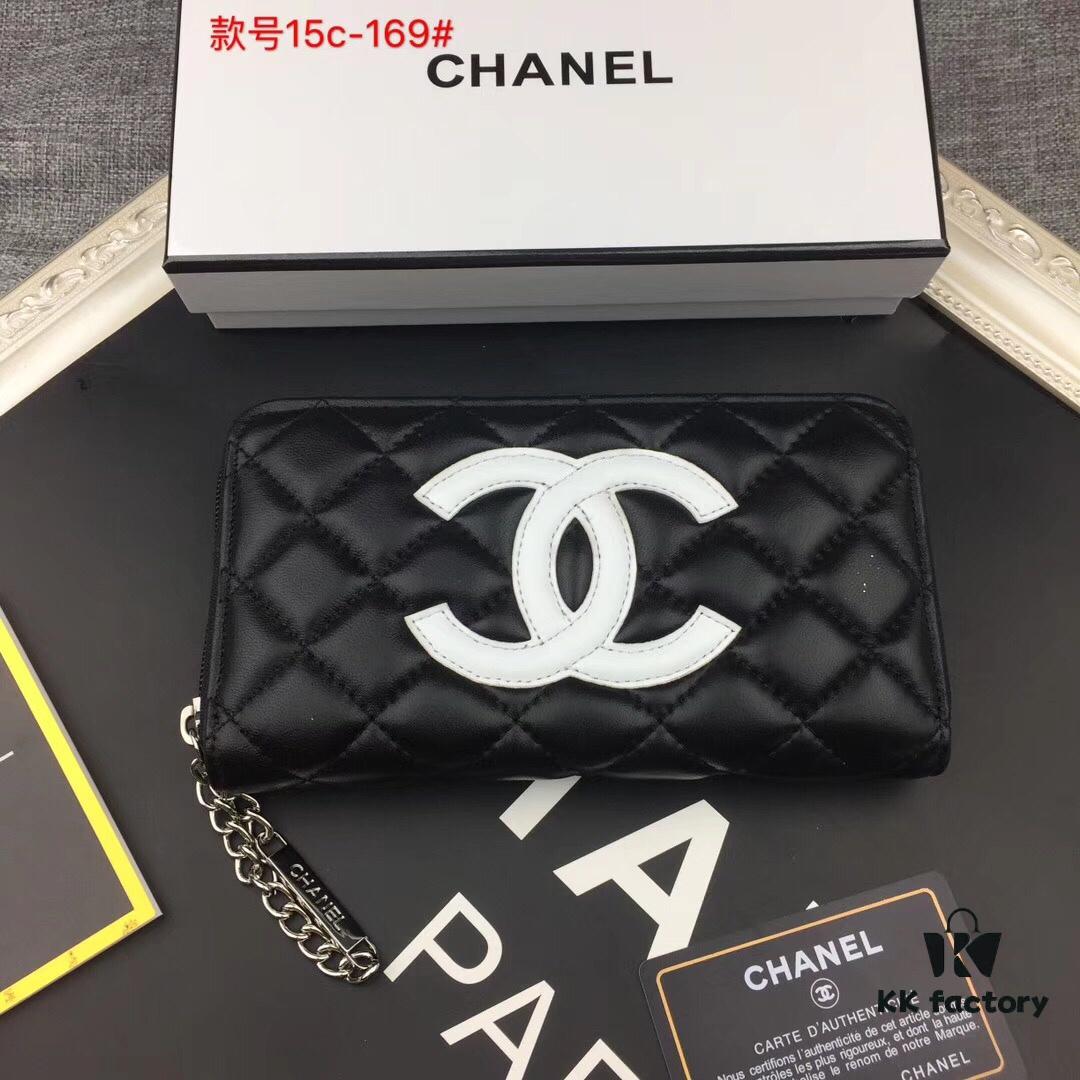 69304dd2f09edb6de4c4e821 Chanel 15C-169# Small Lambskin Quilted Single-Zip Wallet in Black with White or Black Trim