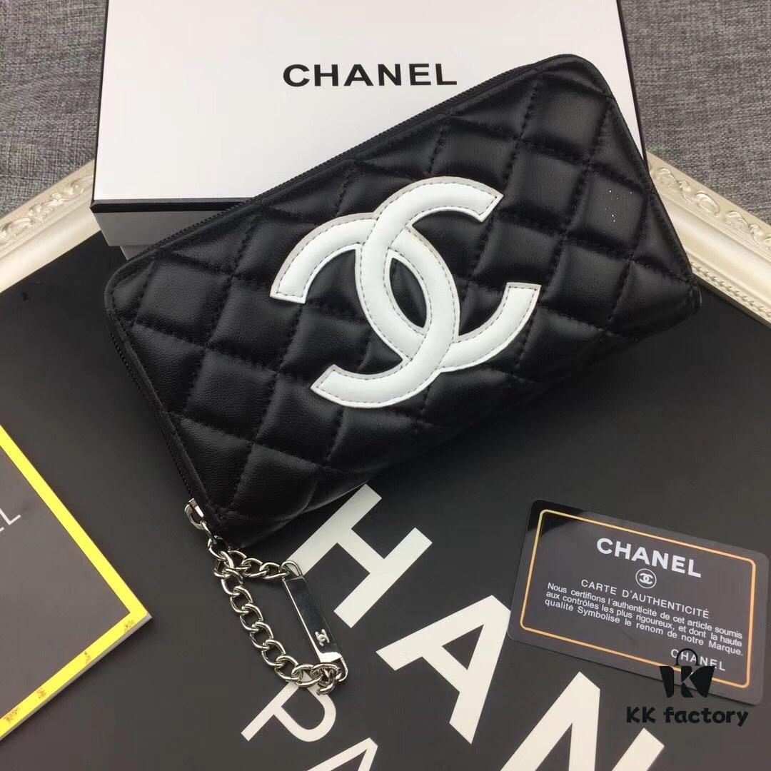 69304dd4f09edb6de4c4e822 Chanel 15C-169# Small Lambskin Quilted Single-Zip Wallet in Black with White or Black Trim