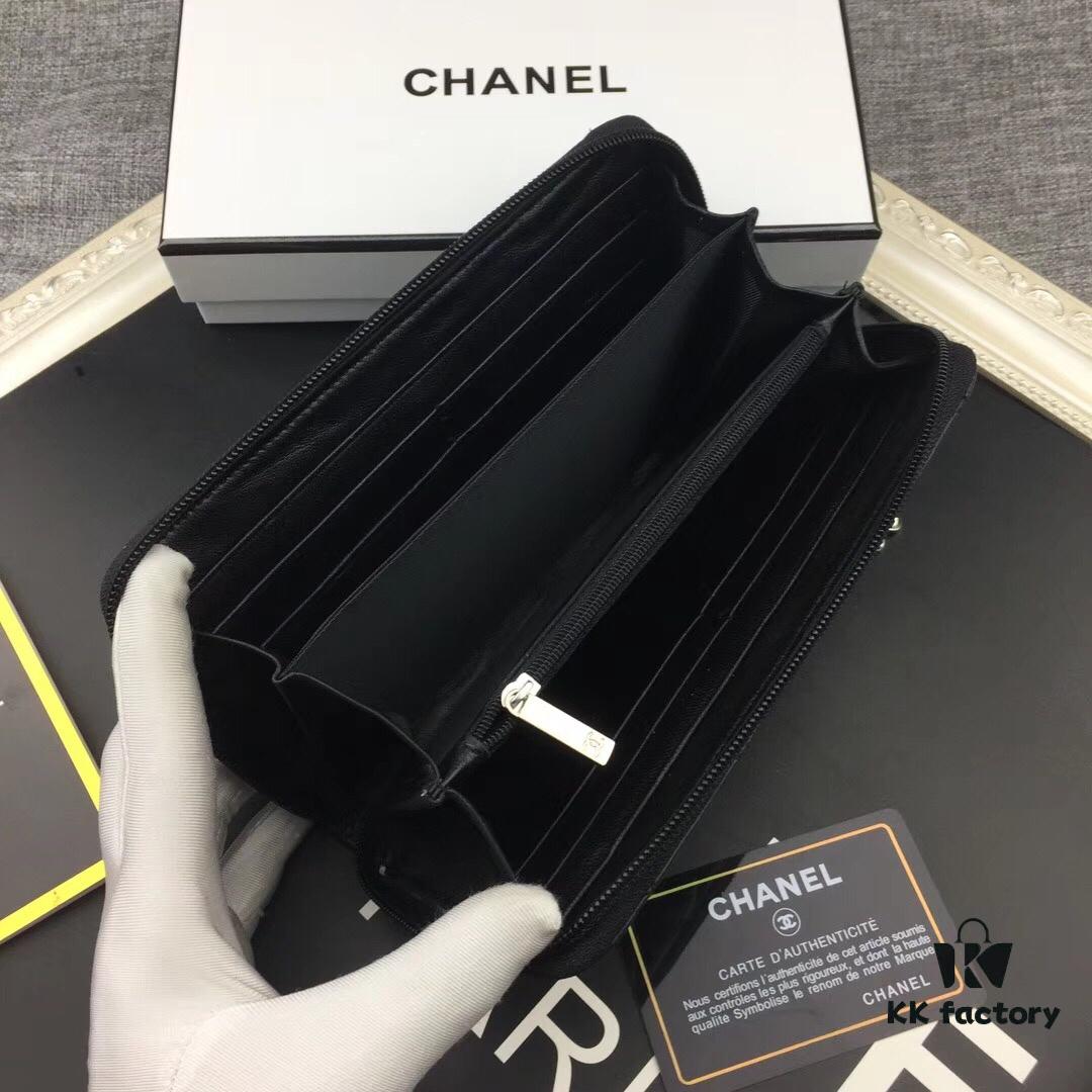 69304dd4f09edb6de4c4e823 Chanel 15C-169# Small Lambskin Quilted Single-Zip Wallet in Black with White or Black Trim