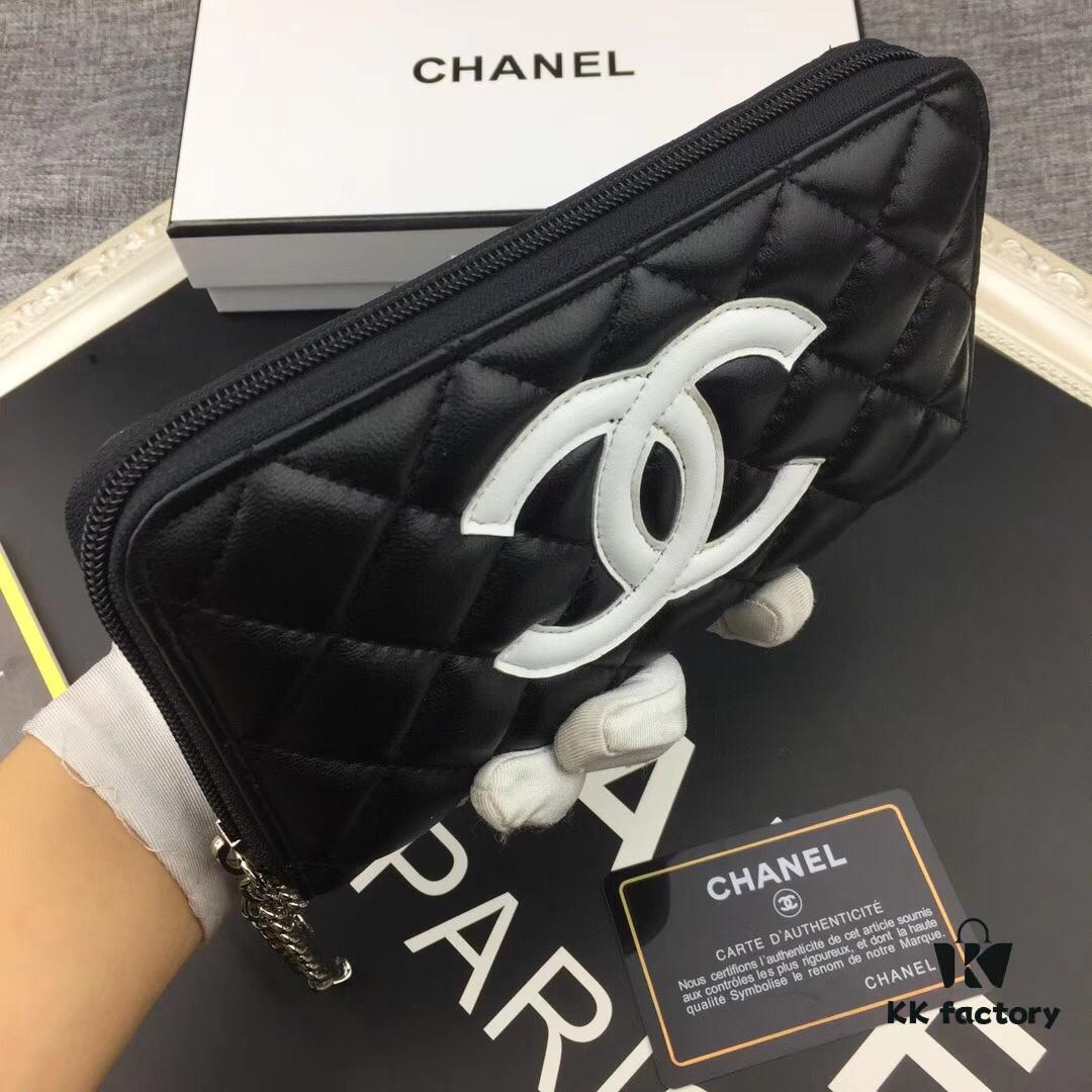 69304dd4f09edb6de4c4e824 Chanel 15C-169# Small Lambskin Quilted Single-Zip Wallet in Black with White or Black Trim