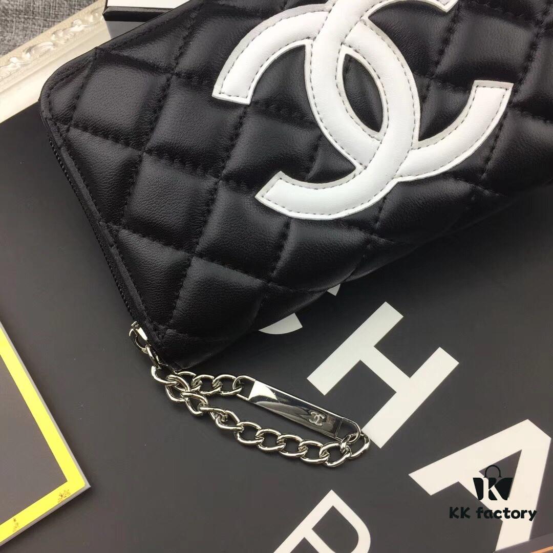 69304dd4f09edb6de4c4e825 Chanel 15C-169# Small Lambskin Quilted Single-Zip Wallet in Black with White or Black Trim
