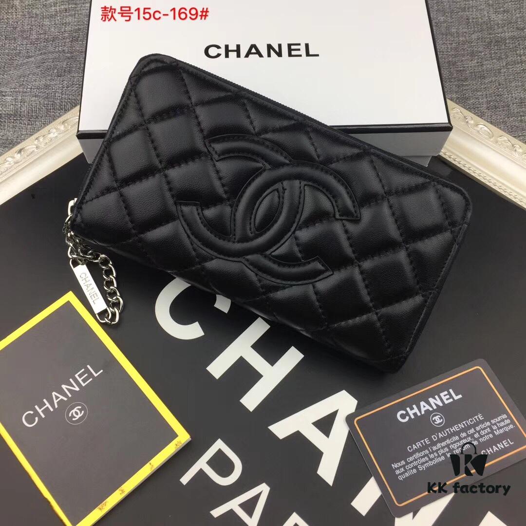 69304ddcf09edb6de4c4e82d Chanel 15C-169# Small Lambskin Quilted Single-Zip Wallet in Black with White Trim or All Black
