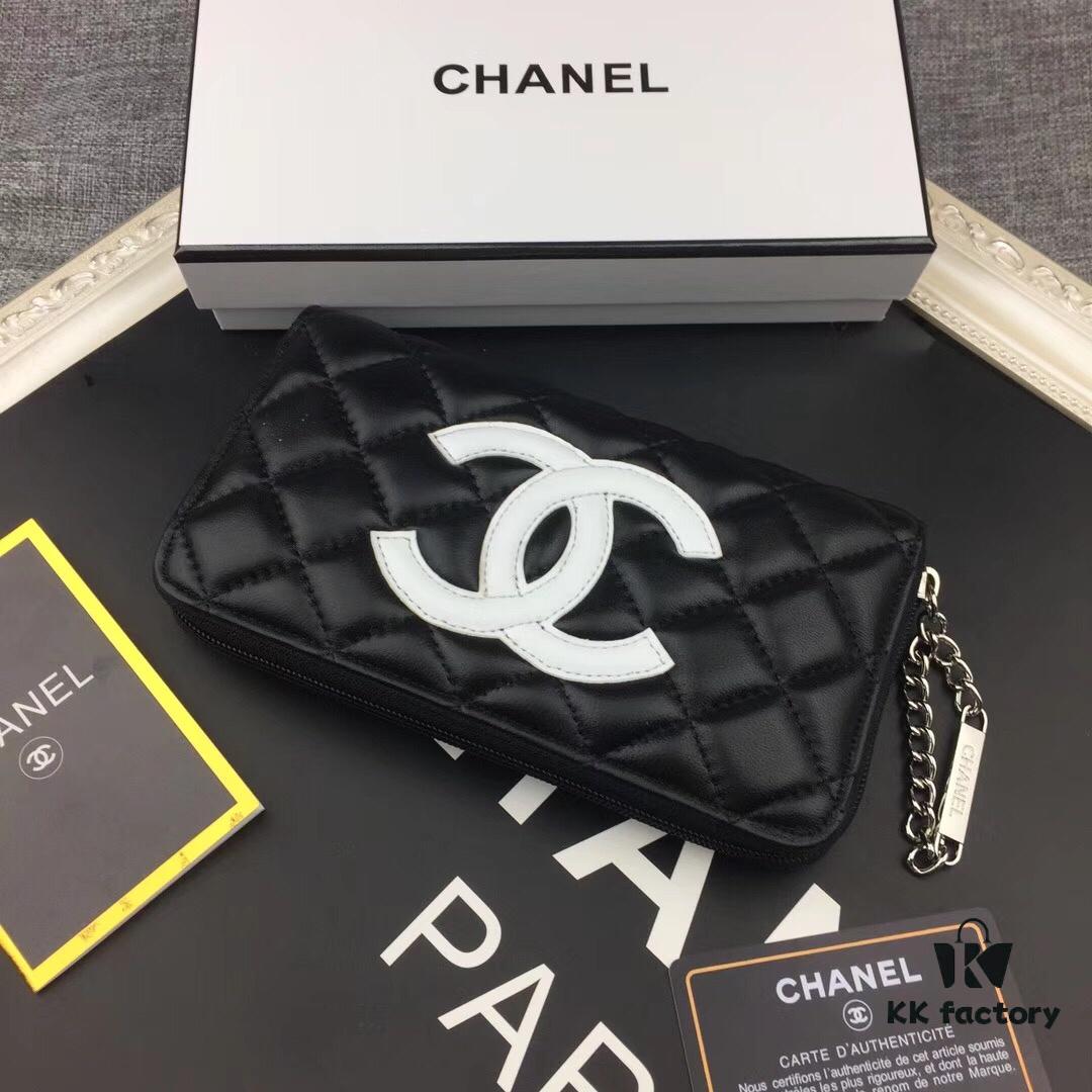 69304de8f09edb6de4c4e837 Chanel 15C-169# Small Lambskin Quilted Single-Zip Wallet in Black with White or Black Trim