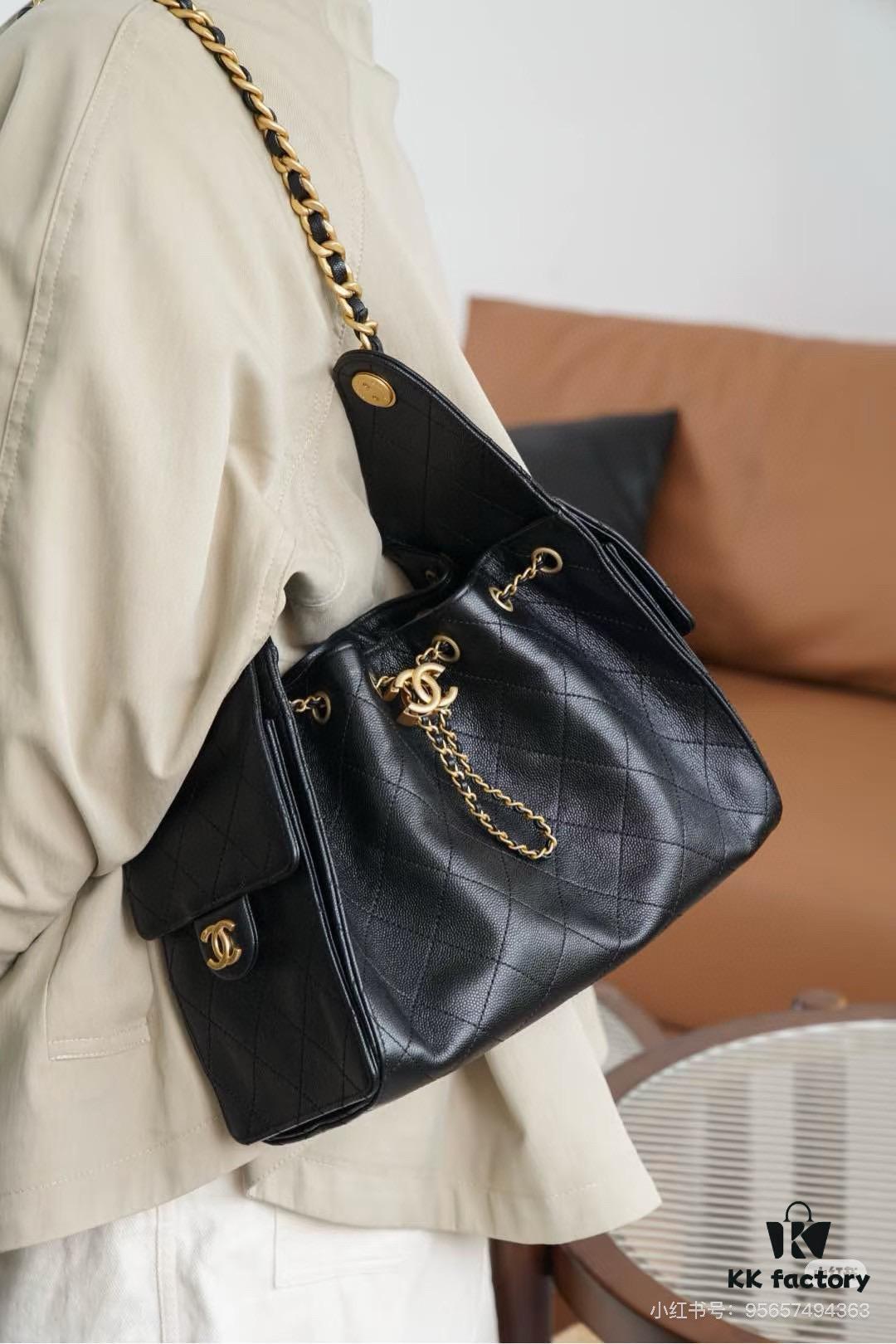 69304e00f09edb6de4c4e853 Upgraded Chanel 25C Style Hobo Bag in Quilted Calf Leather – Vintage Gold Buckle Drawstring Bucket Bag with Diamond Stitching and Retro Black-Gold Accents