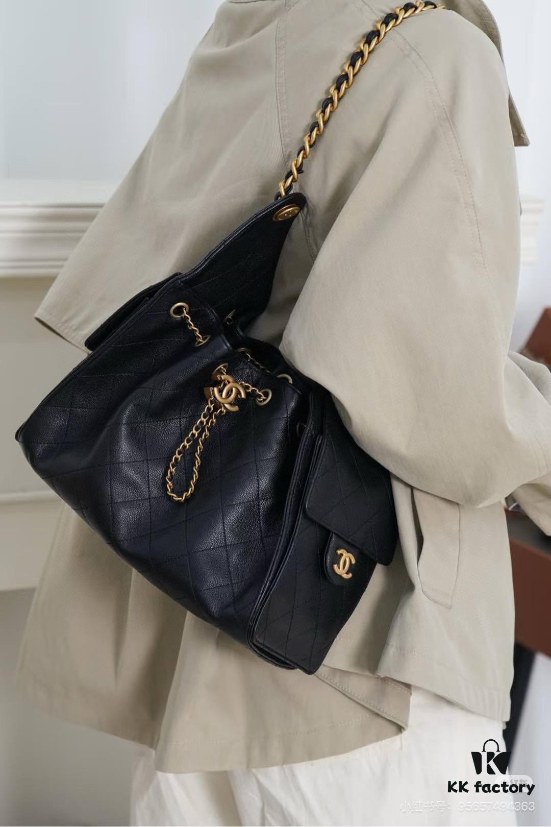 69304e00f09edb6de4c4e854 Upgraded Chanel 25C Style Hobo Bag in Quilted Calf Leather – Vintage Gold Buckle Drawstring Bucket Bag with Diamond Stitching and Retro Black-Gold Accents