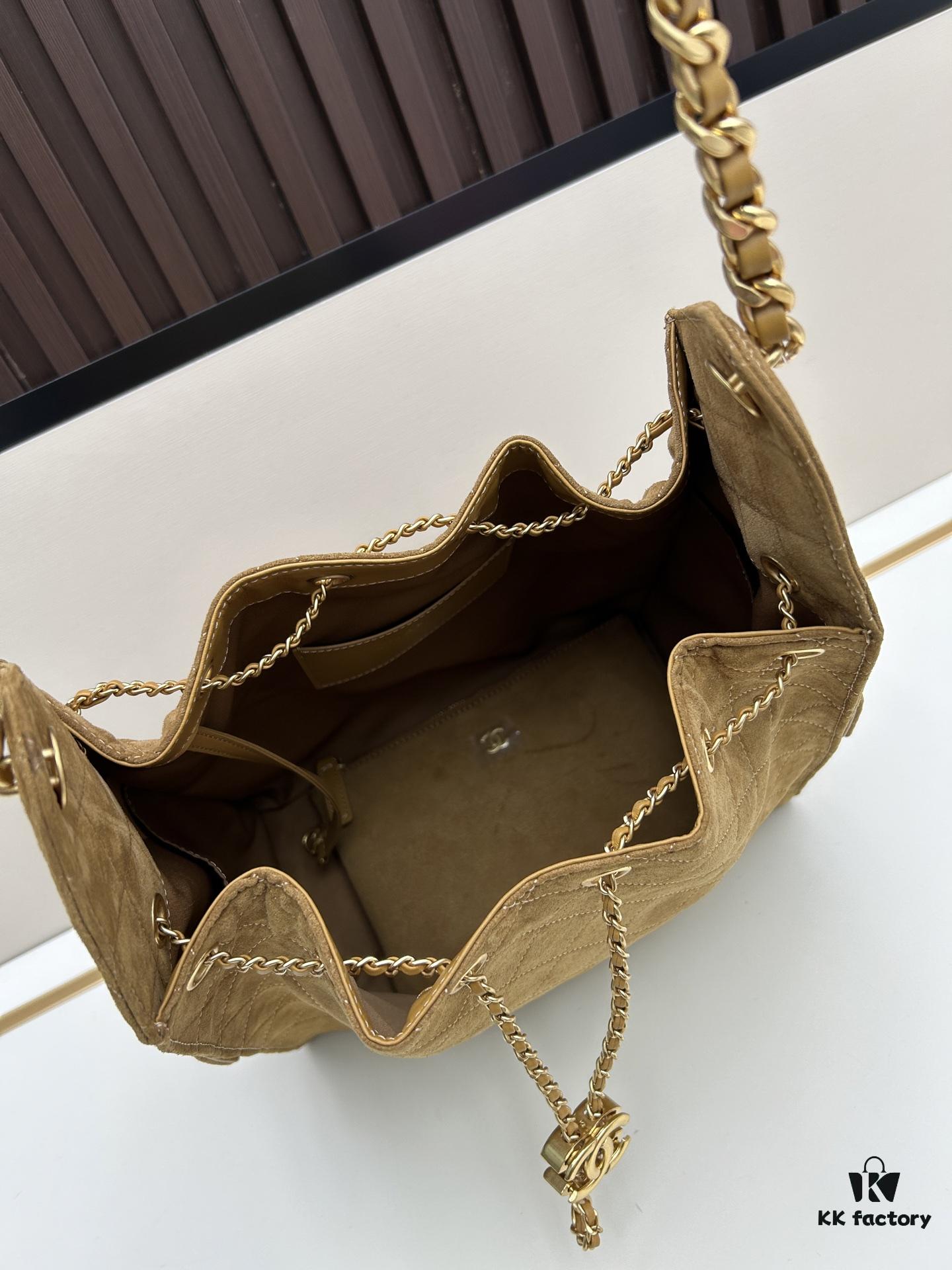 69304e15f09edb6de4c4e869 Large Size Suede, Frosted, Upgraded Chanel 25C Style Hobo Bag, Vintage Coin Button Drawstring Bucket Bag with Diamond Quilting and Retro Black-Gold Tone, Classic Chain Design