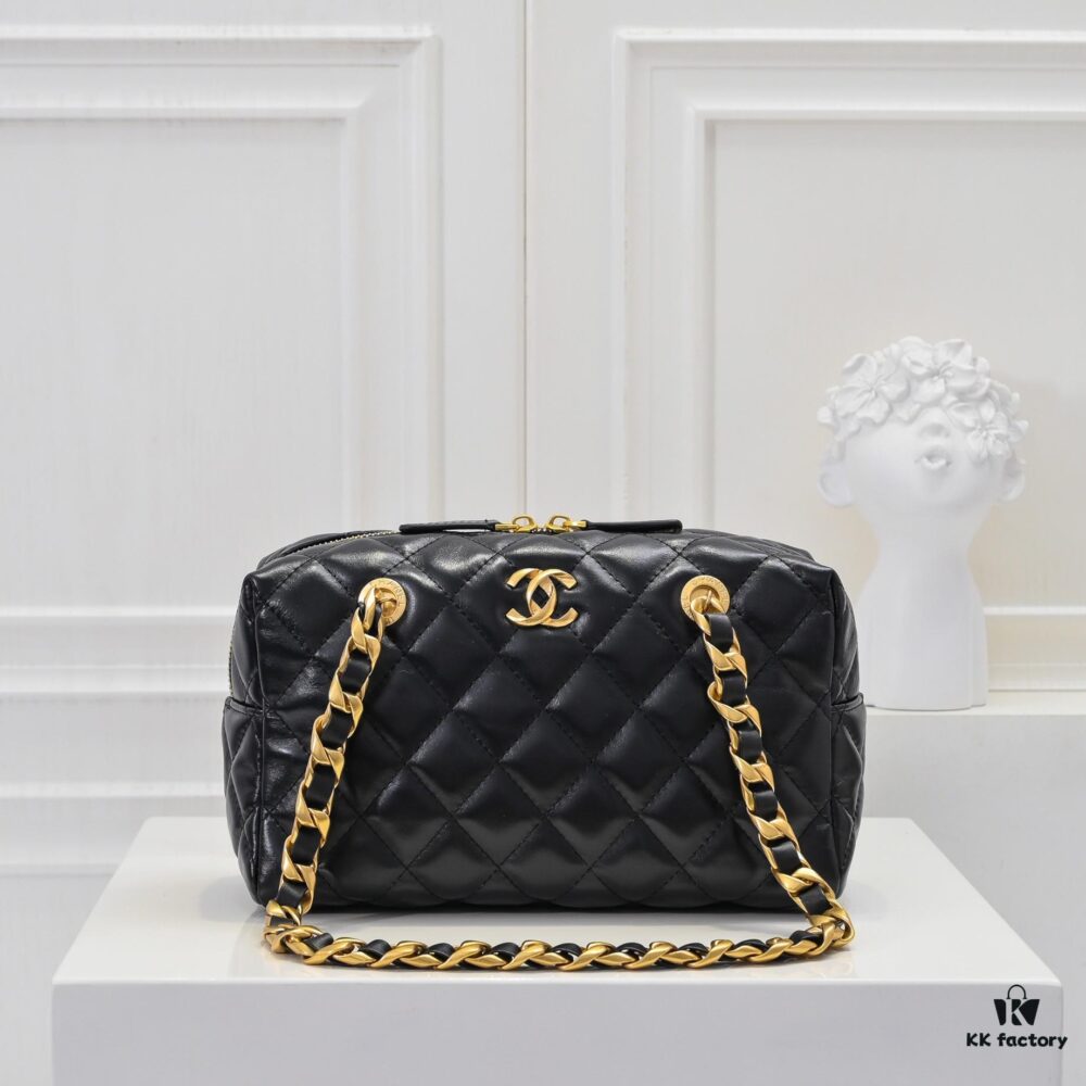 6930519cf09edb6de4c4ed0c Chanel 24B Thick Chain Pillow Bag, Top-Grade Cowhide, Elegant and Charming Black Shoulder Bag with CC Logo and Black-Gold Woven Chain