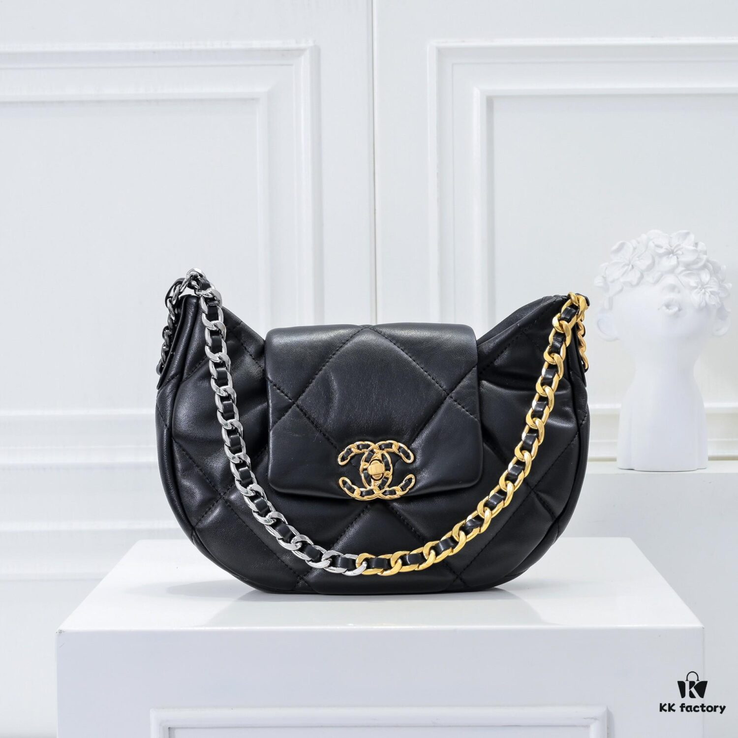 693051ddf09edb6de4c4ed5c Chanel 19 Shoulder Bag in Quilted Calfskin with CC Logo and Chain Strap
