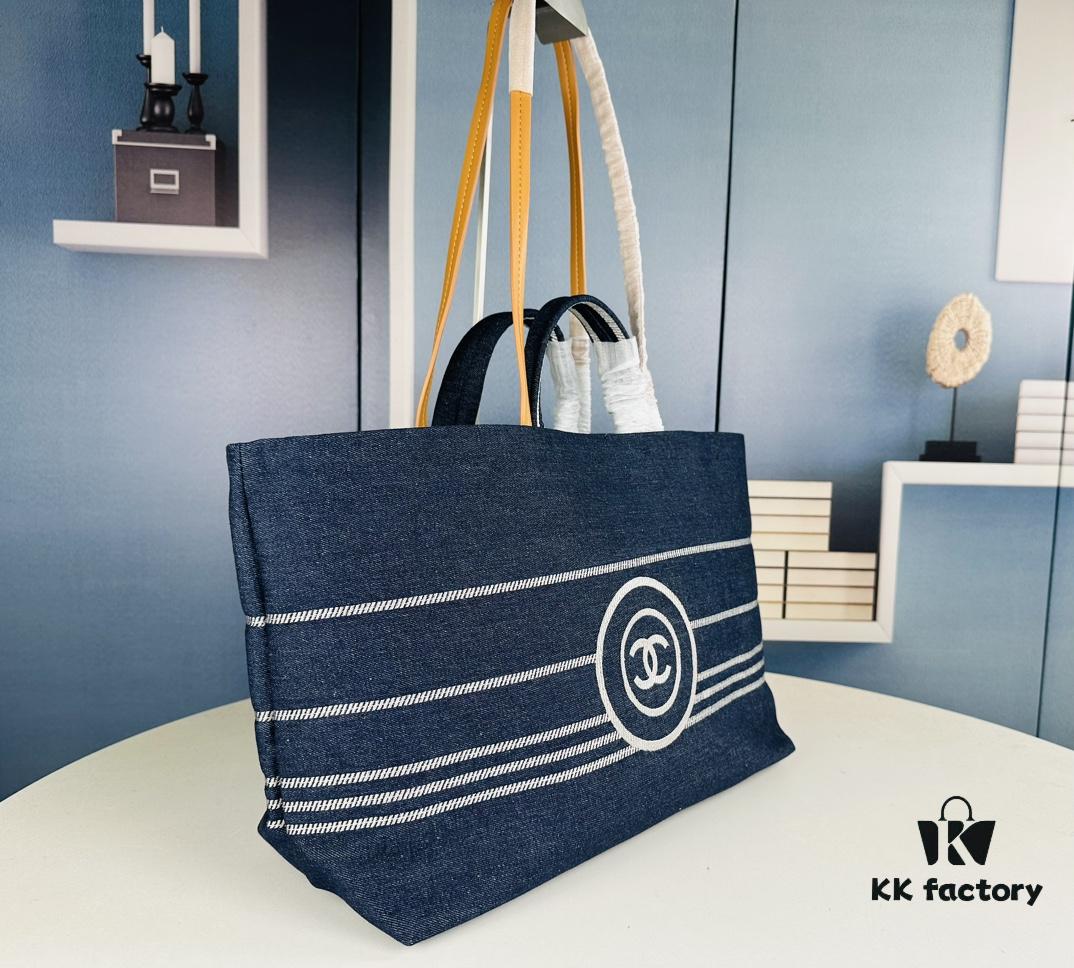 693051e5f09edb6de4c4ed69 Large New Arrival CHANEL Navy Striped Denim Beach Tote – The Perfect Companion for Vacation and Everyday Elegance
