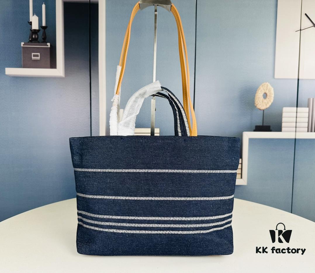 693051eaf09edb6de4c4ed6f Small-sized New Arrival CHANEL Navy Blue Striped Denim Beach Tote