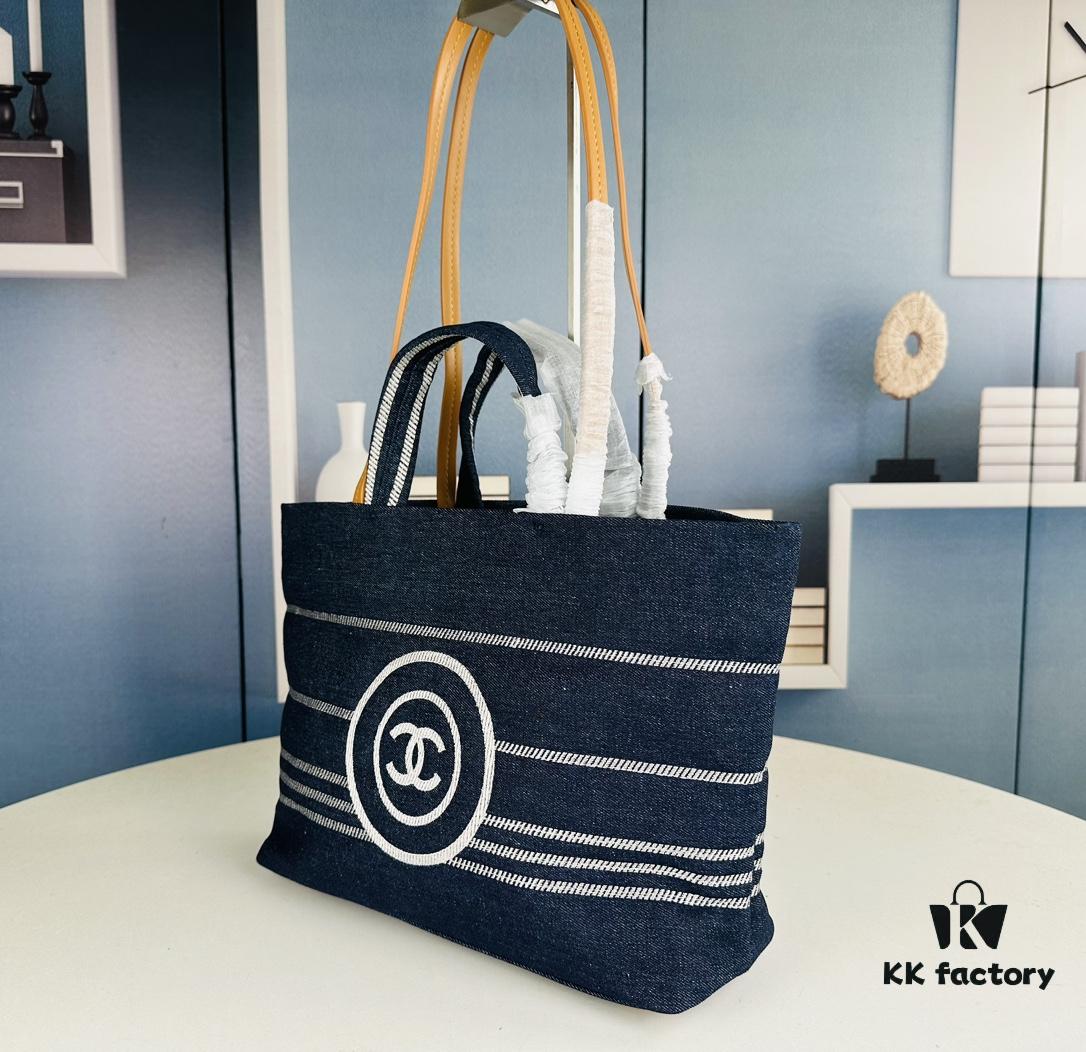 693051eaf09edb6de4c4ed70 Small-sized New Arrival CHANEL Navy Blue Striped Denim Beach Tote