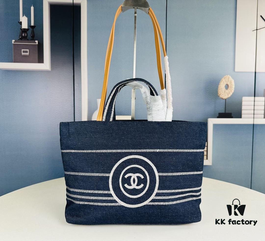 693051ebf09edb6de4c4ed71 Small-sized New Arrival CHANEL Navy Blue Striped Denim Beach Tote