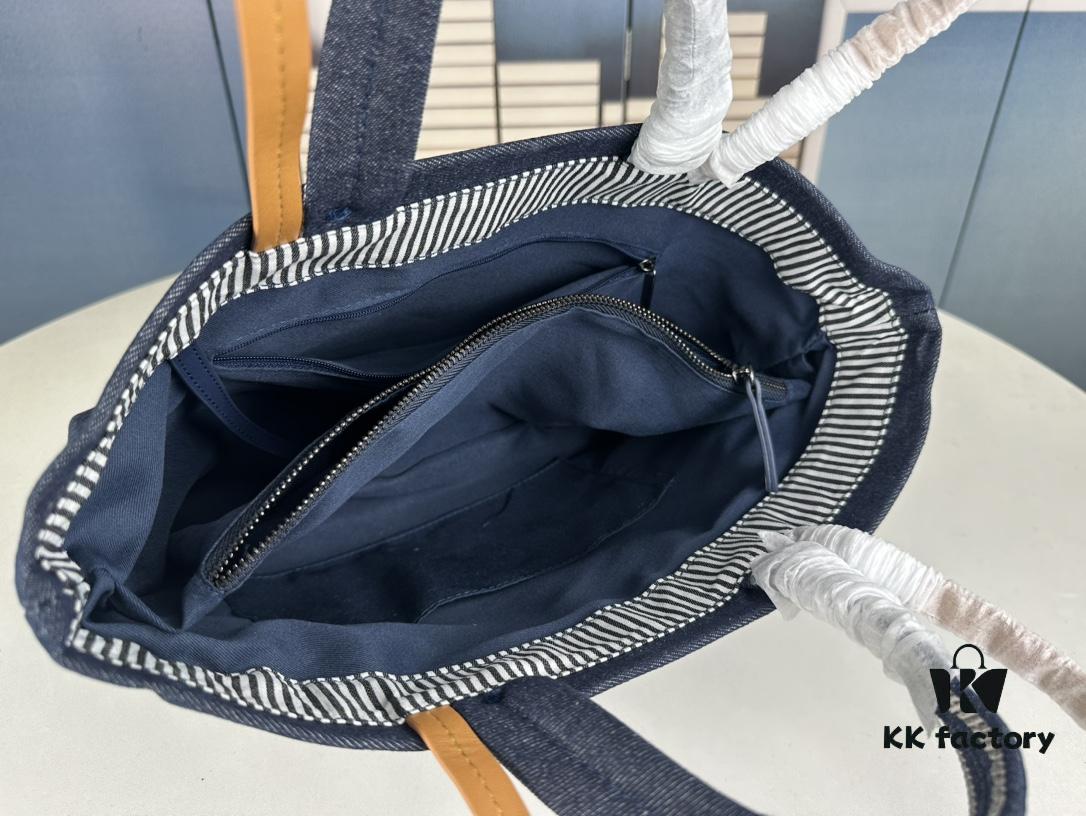 693051edf09edb6de4c4ed72 Small-sized New Arrival CHANEL Navy Blue Striped Denim Beach Tote