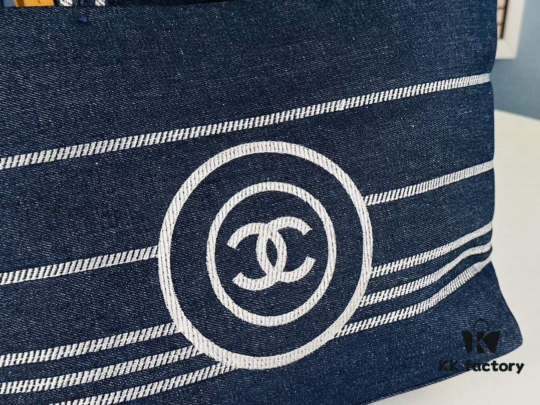 693051edf09edb6de4c4ed74 Small-sized New Arrival CHANEL Navy Blue Striped Denim Beach Tote