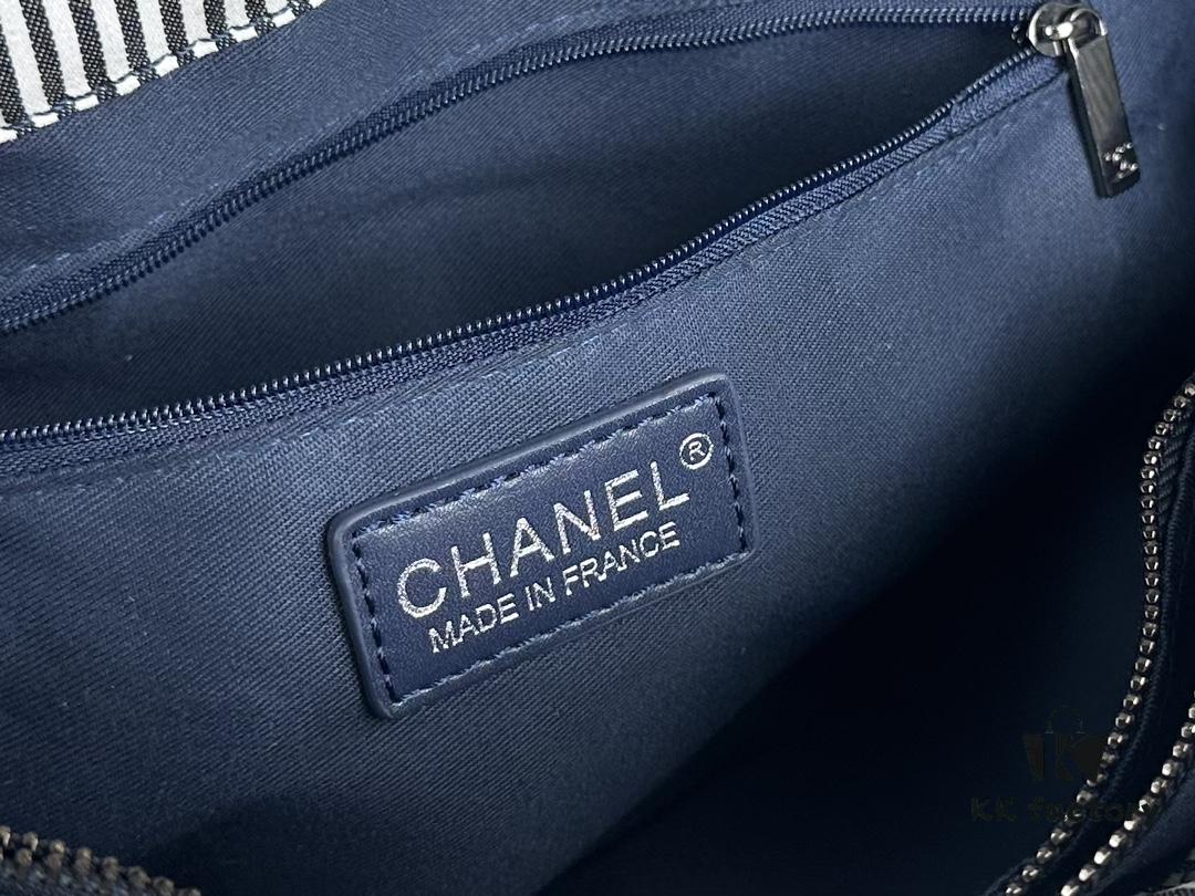 693051eff09edb6de4c4ed76 Small-sized New Arrival CHANEL Navy Blue Striped Denim Beach Tote