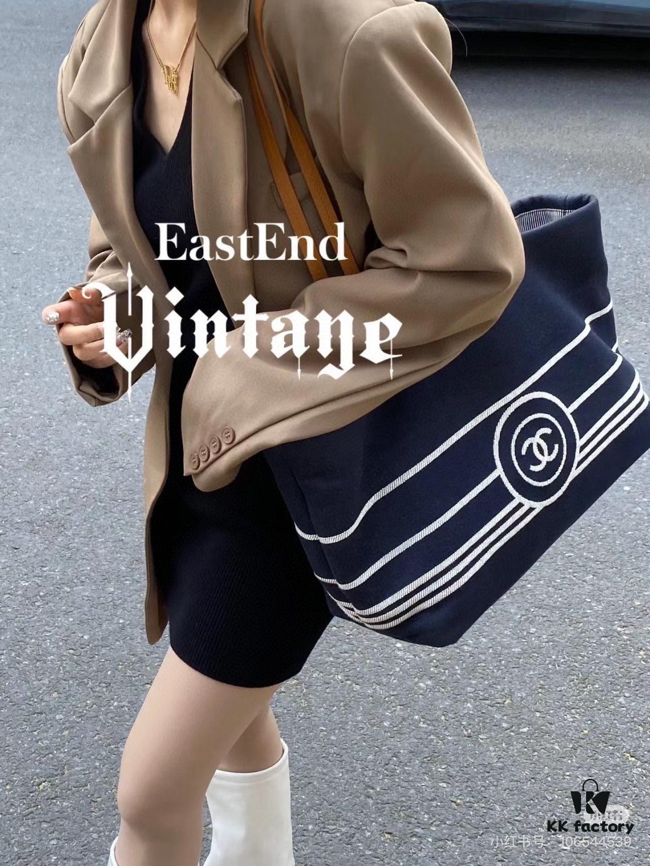 693051f0f09edb6de4c4ed77 Large New Arrival CHANEL Navy Striped Denim Beach Tote Bag